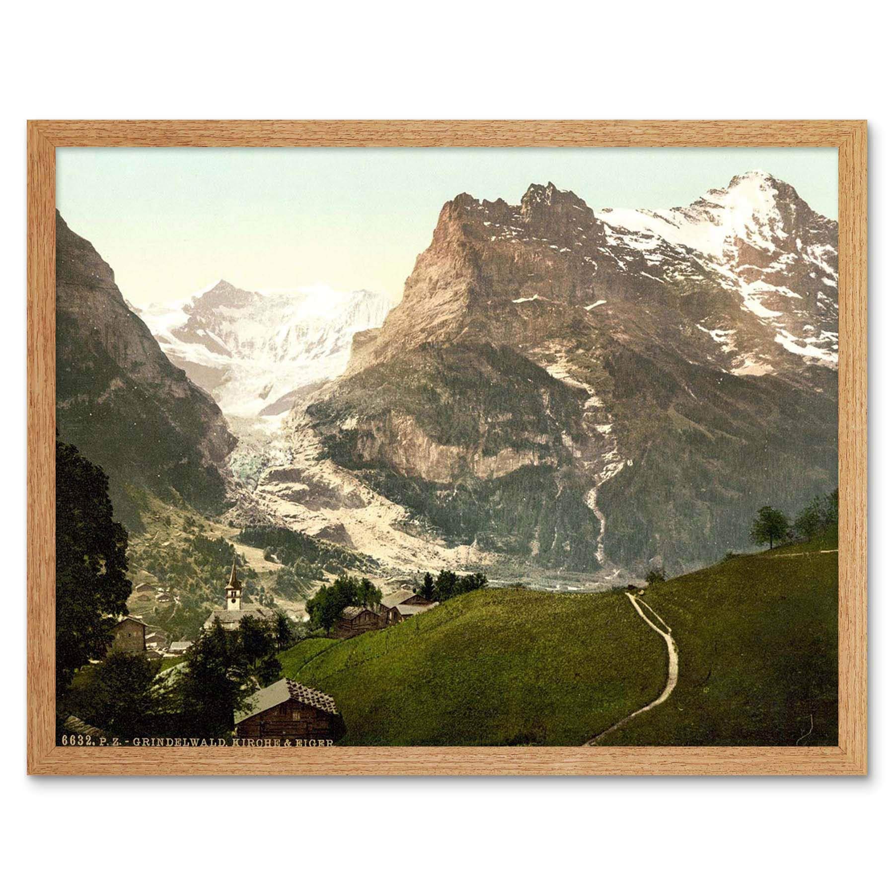 Wee Blue Coo Framed Light Oak Vintage Landscape Church Valley Eiger Alpine Switzerland Art Print Framed Poster Wall Decor 12X16 Inch