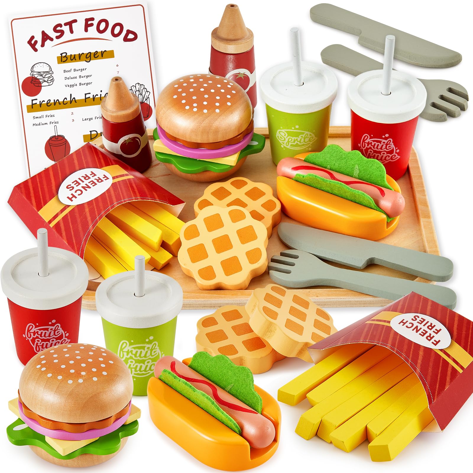 BUYGER Kinderküche Spielküche Zubehör Holz, Hamburger Hot Dog Fast Food Spielzeug, Holz Lebensmittel Spielzeug, Rollenspiele Holzspielzeug Geschenk für Kinder 3+ Jahre