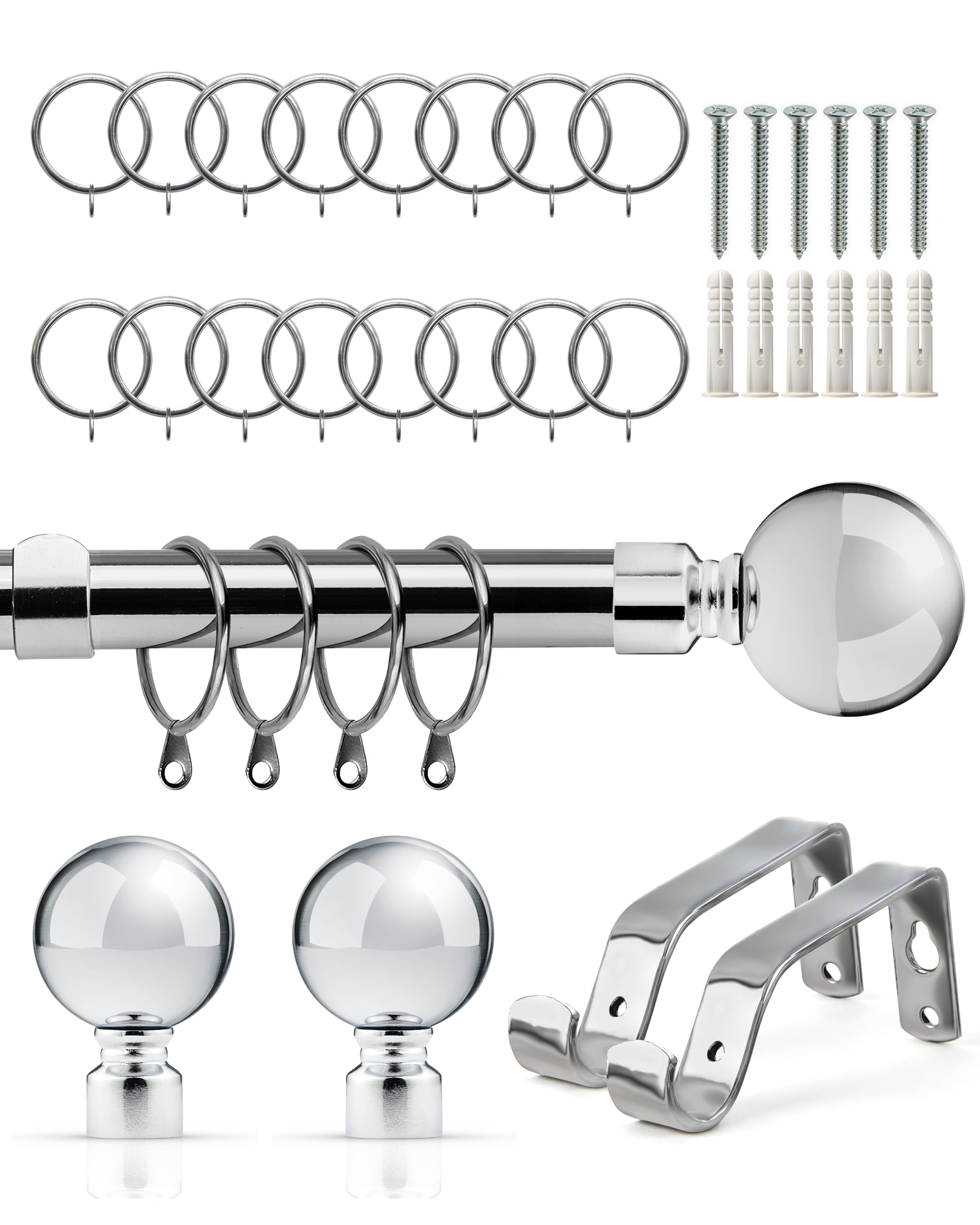 Emma Barclay Extendable Curtain Pole With Finials Rings Brackets & Fittings Sets 16-19mm in Chrome Metal Curtain Poles For Eyelet Curtains Rod - Ball Collection 1.2m - 2.1m Chrome