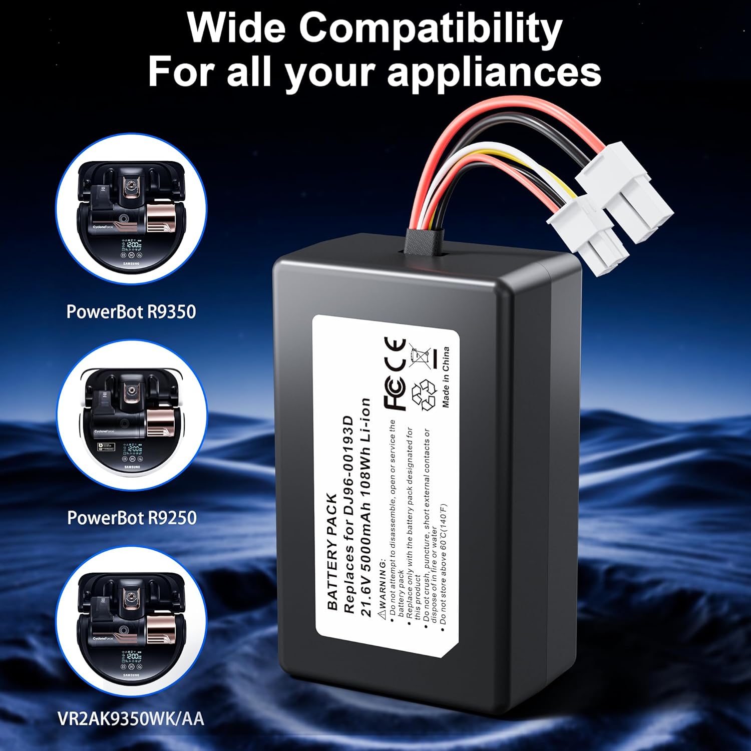 5000mAh 21.6V Li-ion Replacement for DJ96-00193D Battery, Compatible with Samsung PowerBot R9250 R9350 VR2AK9350WK/AA Robot Vacuum Cleaner