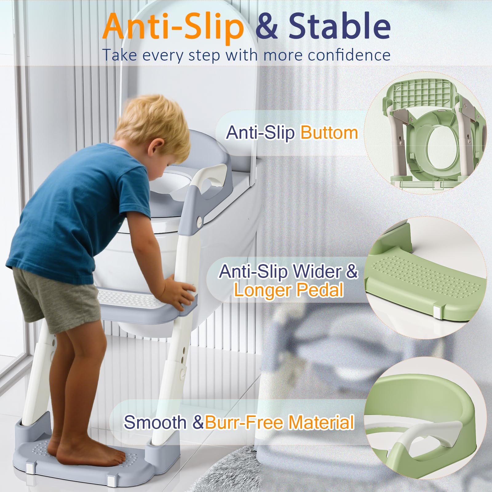 Potty Training Seat with Step Stool Ladder, 3-in-1 Toddler Toilet Seat and Potty Chair with Splash Guard, Anti-Slip Pad Adjustable, Potty Training Toilet for Kids Boys Girls Toddlers Green - 3