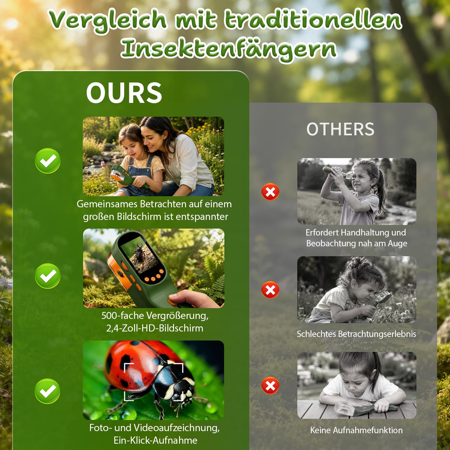 3-in-1 Insektenfänger Kinder, Mikroskop 500X IPS 2,4" 1080P STEM | 4 Helligkeitsstufen, 1000-mAh-Akku, Foto & Video, Outdoor-Forschungsspielzeug, Geschenk für Kinder ab 3 Jahren