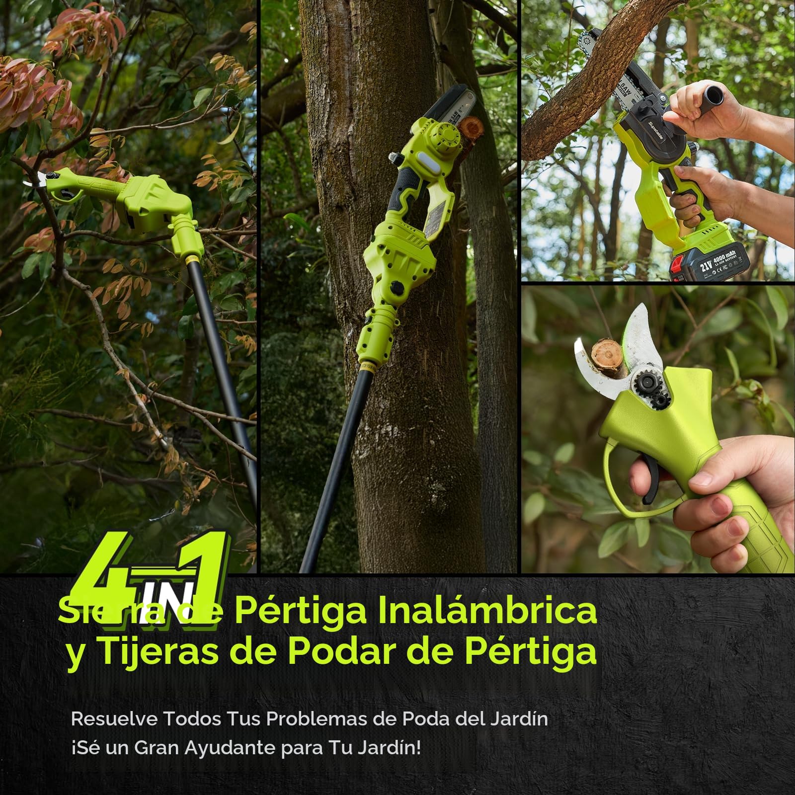Supstable Mini Motosierra Telescopica 6 Pulgadas & Tijeras de Podar Eléctricas 33mm, 4 en 1 Kit de Herramientas con 8000 mAh Baterías, Alcance hasta 4,8 m, Tensión y Cambio de Cadena sin Herramientas