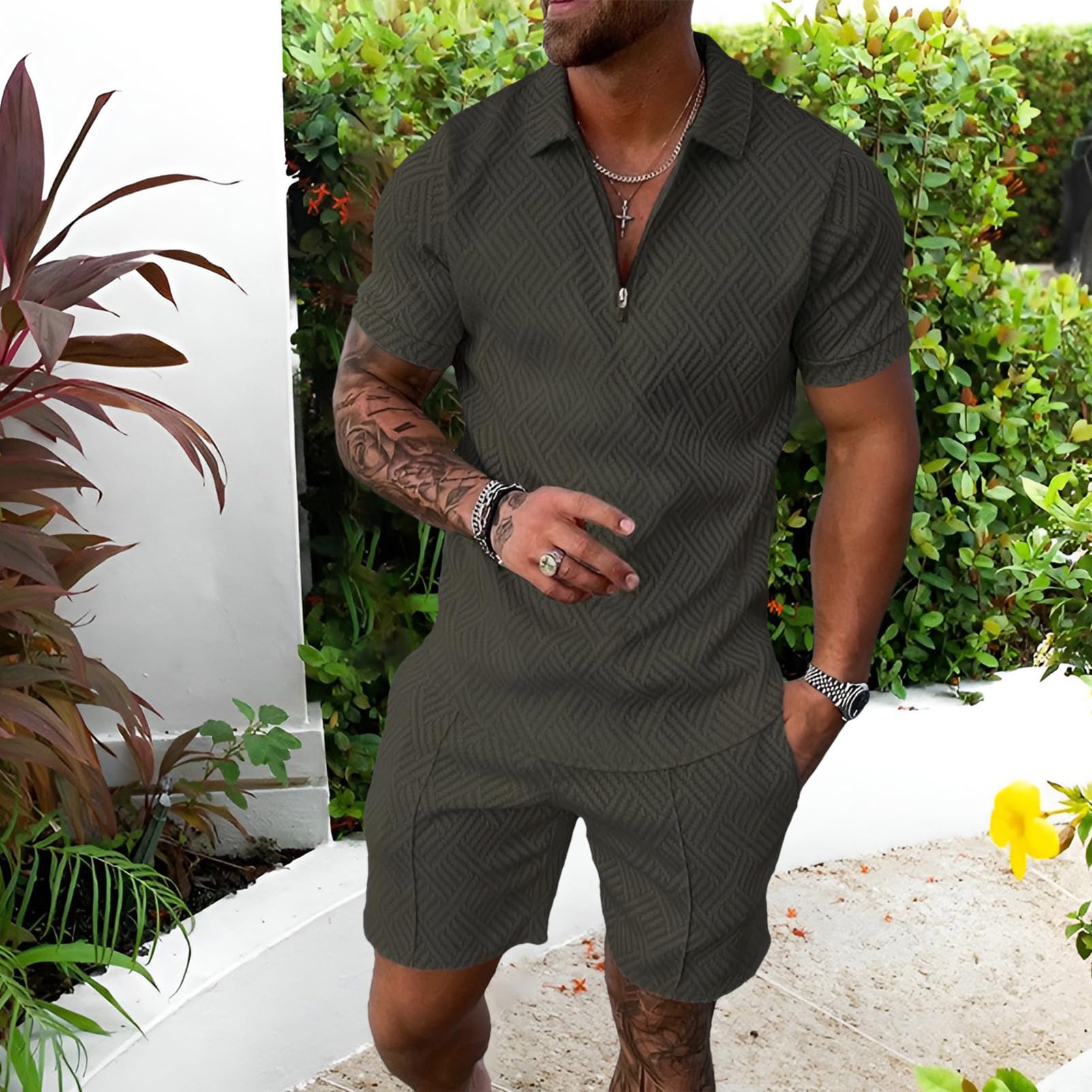 amropi Chándal Deportivo para Hombre Cremallera Camiseta y Pantalones Cortos 2 Piezas Verano Conjunto