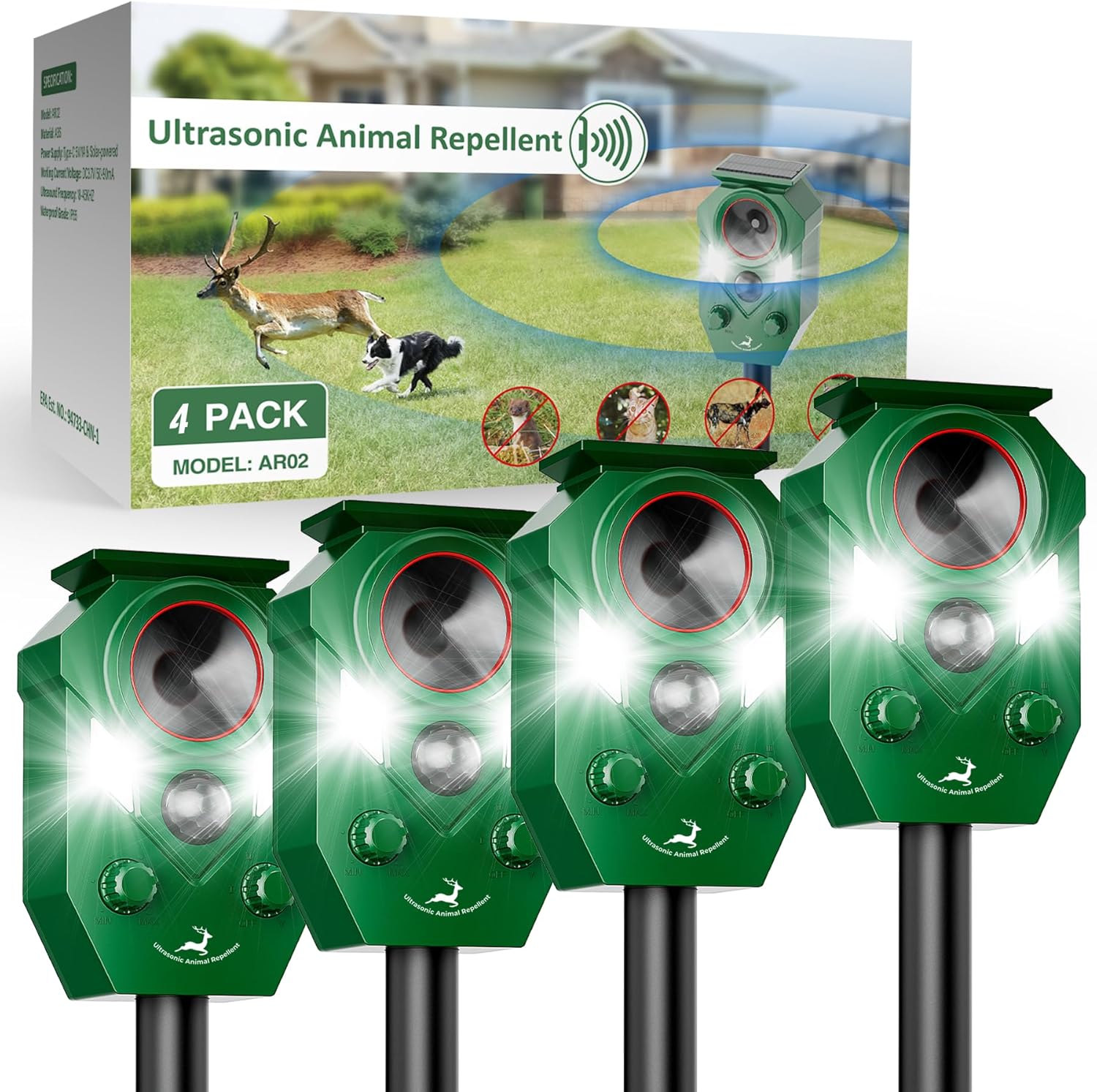Solar-Powered Ultrasonic Animal Repellent with Motion Sensor, Waterproof Deer Repellent Device with LED Flashing Lights, Perfect for Outdoor Yards, Effective to Repel Deer, Coyotes, Raccoons, and Cats Green 4