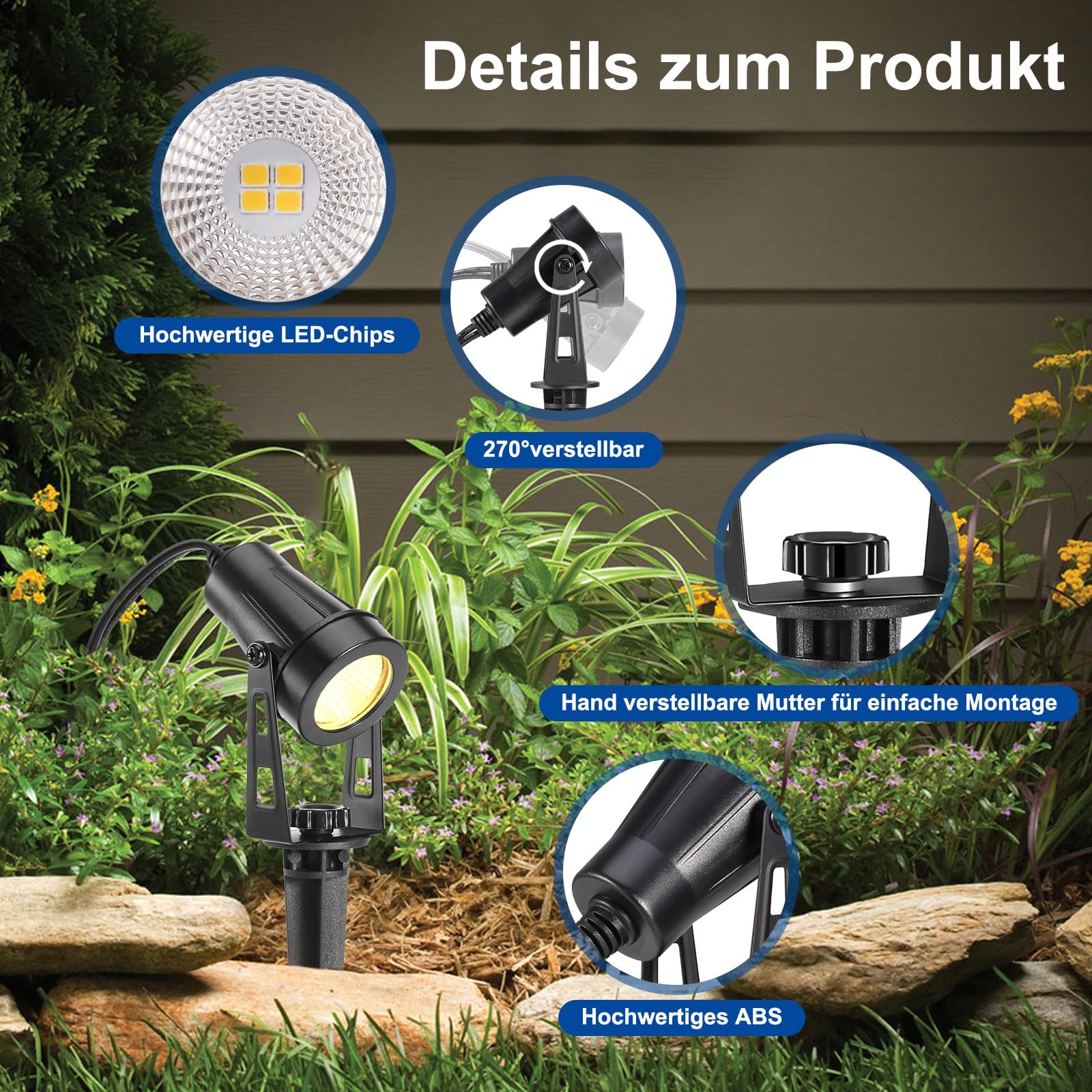 B-right 21m Focos Exterior Iluminación de Jardín con Seguro Voltaje, 3W*6 Luz Exterior Impermeable IP65 Lámpara de Jardín Apto Decoración Foco Reflector, Luces Proyctor Patio con Enchufe Blanco Cálido