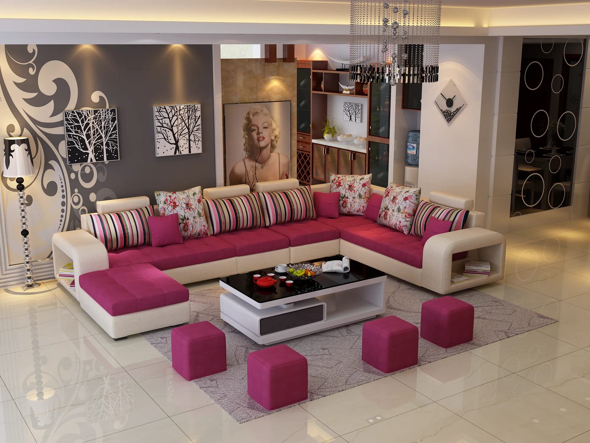 Caradel Orions 12 Seater Fabric L Shape Sofa Set (Pink & Cream) | Premium Fabric Sofa 12 Seater Sectional Couch for Living Room | L Shape Sofa with Ottoman & 4 Puffy discount deal