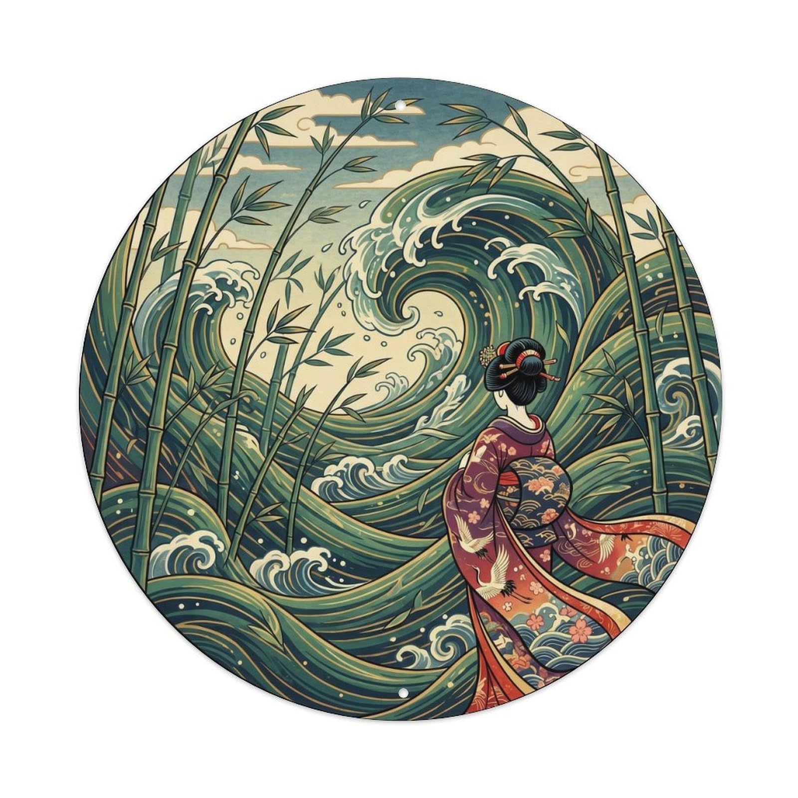 Japanese Geisha Bamboo Sea Waves Undulating Metal Tin Sign
