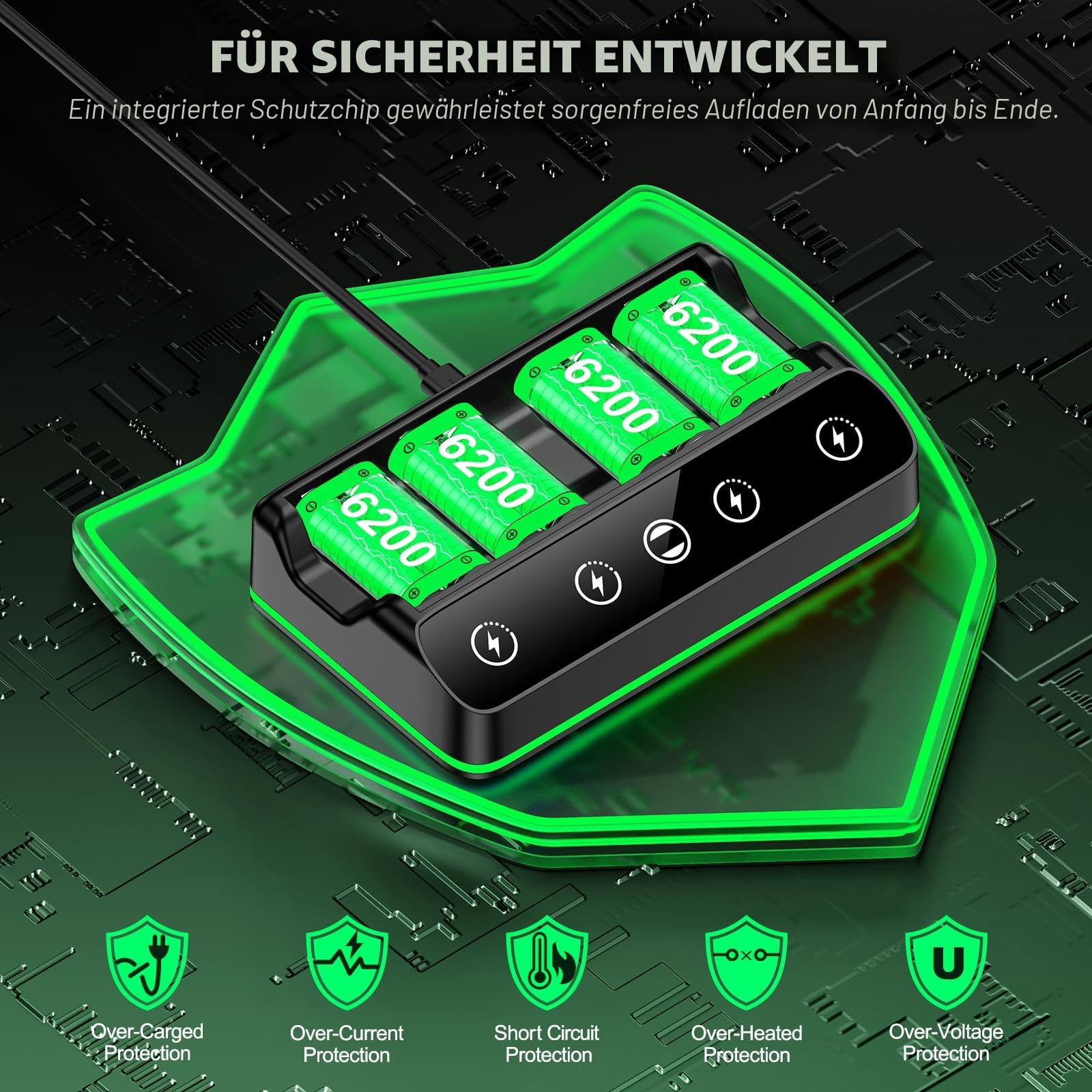 4X 6200 mWh Akku für Xbox One/Series S/X Controller, Ladestation mit coolem RGB-Licht, wiederaufladbares Akkupack kompatibel mit Xbox Series X|S/S/X/Elite Wireless Controller, Schwarz