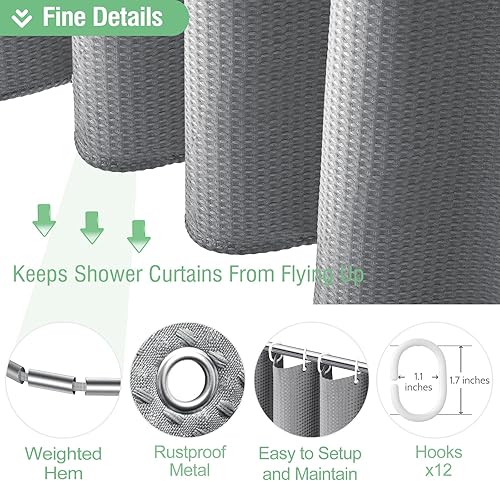 Vista 177 de Dynamene Cortina de ducha larga de tela negra – Cortinas de ducha de tela alta y resistente con textura de gofre, juego de cortina de baño de lujo