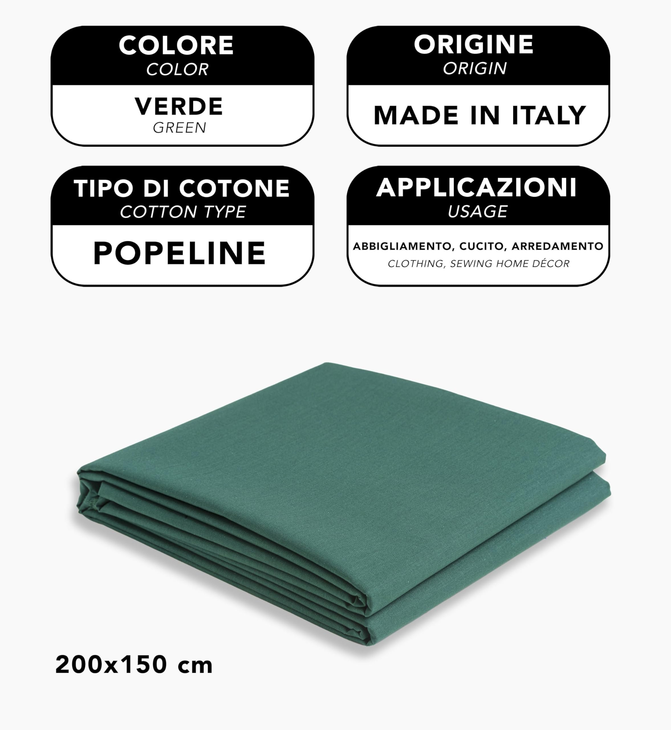 HOMESCAPES Tessuto in cotone tinta unita verde scuro, tessuto al metro 100x150 cm, tessuto arredo per decorazione fai da te Patchwork cucito