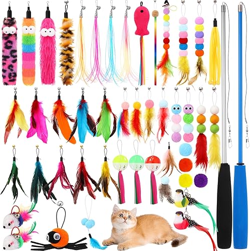 50 recambios de juguetes de plumas para gatos, 2 varitas retráctiles y 48 teaser de repuesto con recambios de campana para gatos de interior,
