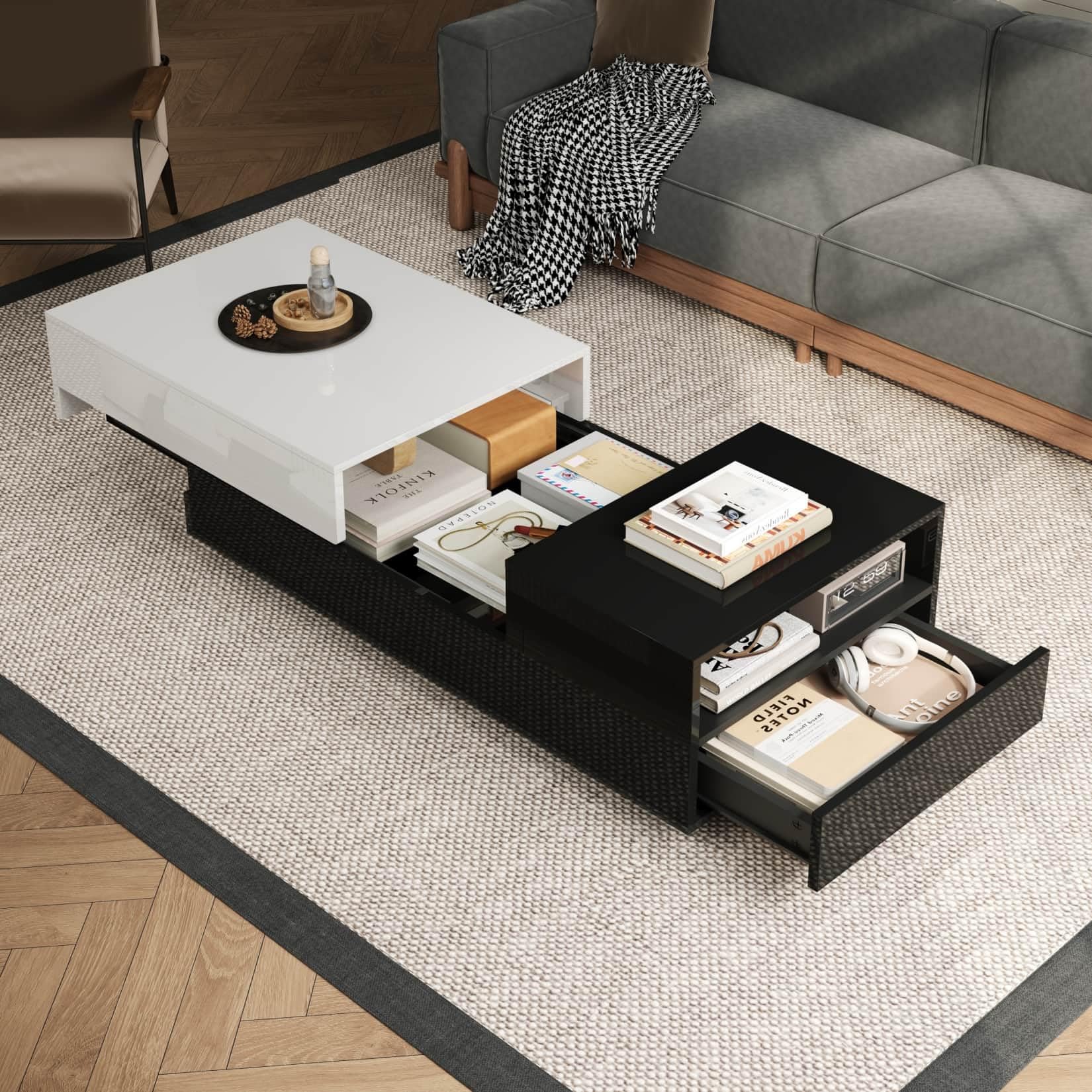 Table Basse Salon Blanche Extensible 100x50x38cm,Table d'appoint Brillante avec Plateau Coulissant,Tiroir,Grand Espace de Stockage,pour Salon (B-Noir)