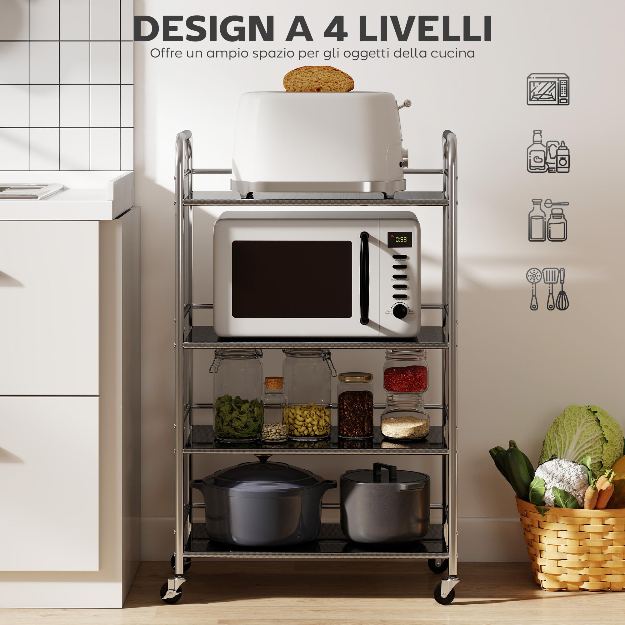 HOMCOM Carrello da Cucina a 4 Livelli con 2 Ripiani Regolabili e Bordi Rialzati, Carrello Cucina Salvaspazio in Acciaio Inox 201 con 4 Ruote e 2 Freni, 60x35x100 cm, Argento