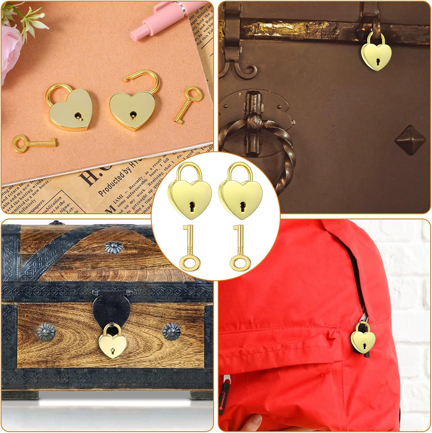 Heart Lock, 2 Pcs Heart Shaped Lock Hearts Locks Key Mini Padlocks Key Mini Padlock with Keys Gold Locks Metal for Keychain Padlock for Jewelry Box Diary Handbag Storage Box Decorative Luggage