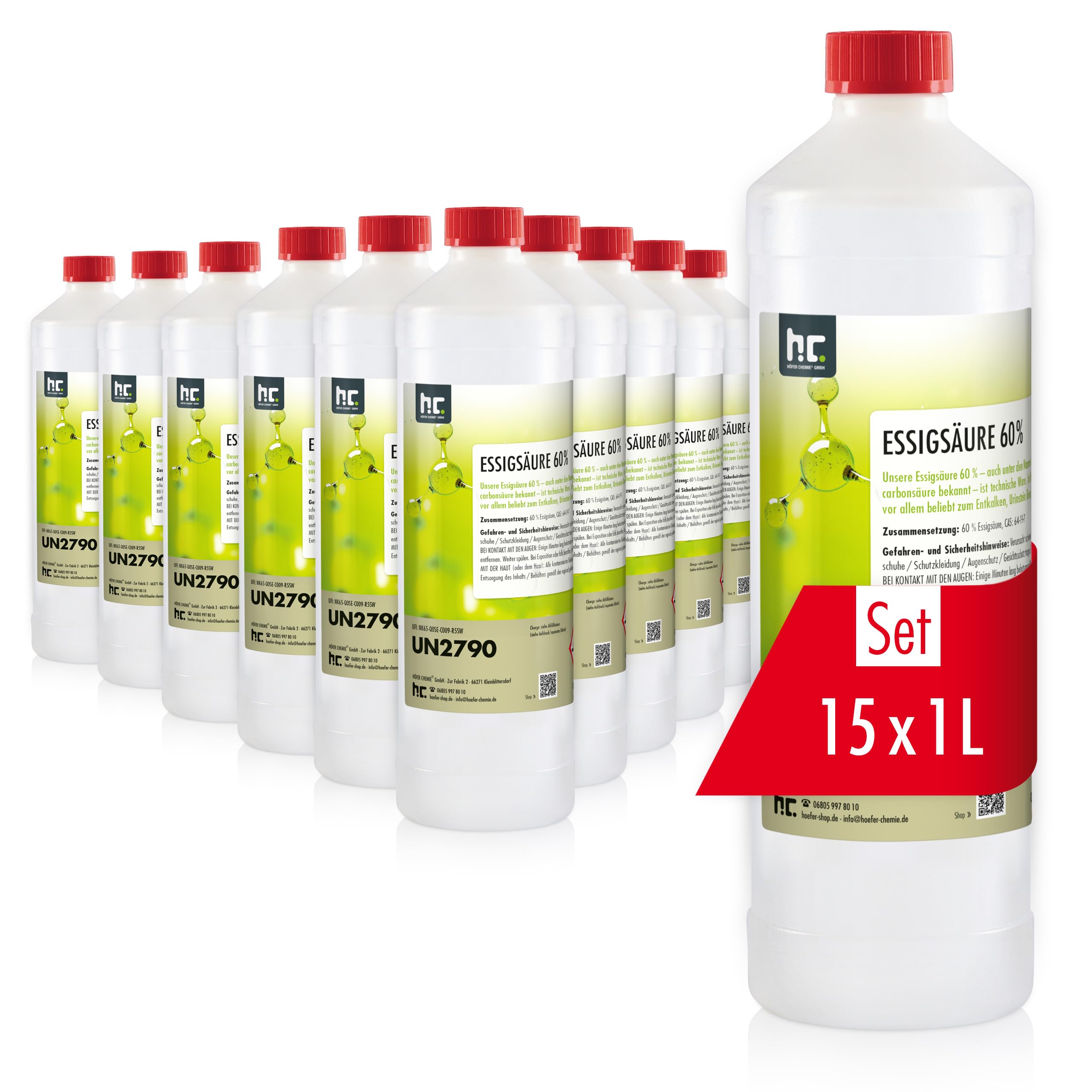 Höfer Chemie 15x 1 L Essigsäure 60% - optimaler Reiniger und Entkalker - Premium Qualität Made in Germany
