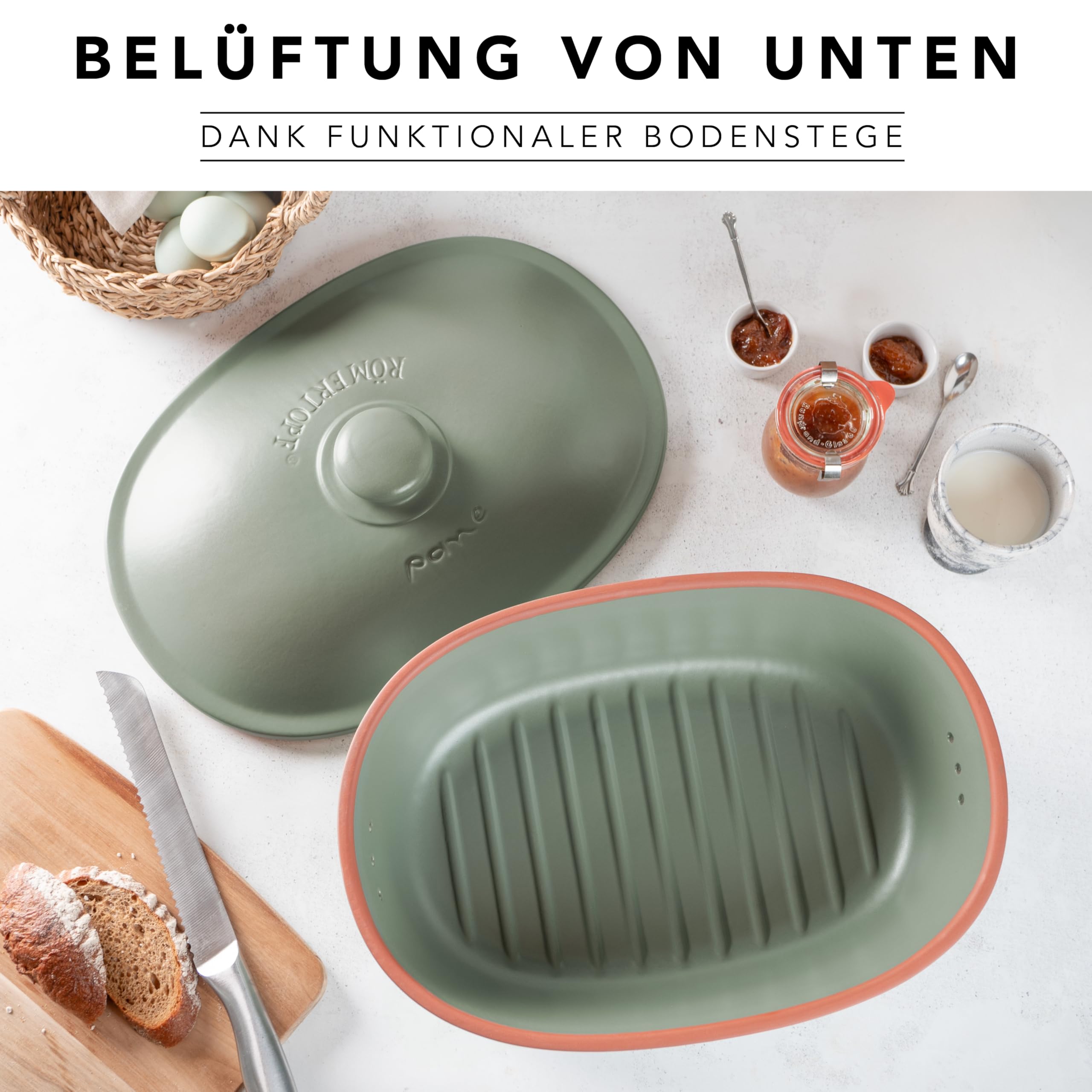 Römertopf Brottopf oval MAXI 6,5 Liter - Brotkasten Grün aus Keramik - Atmungsaktiver Tontopf für langanhaltende Frische von Brot und Brötchen