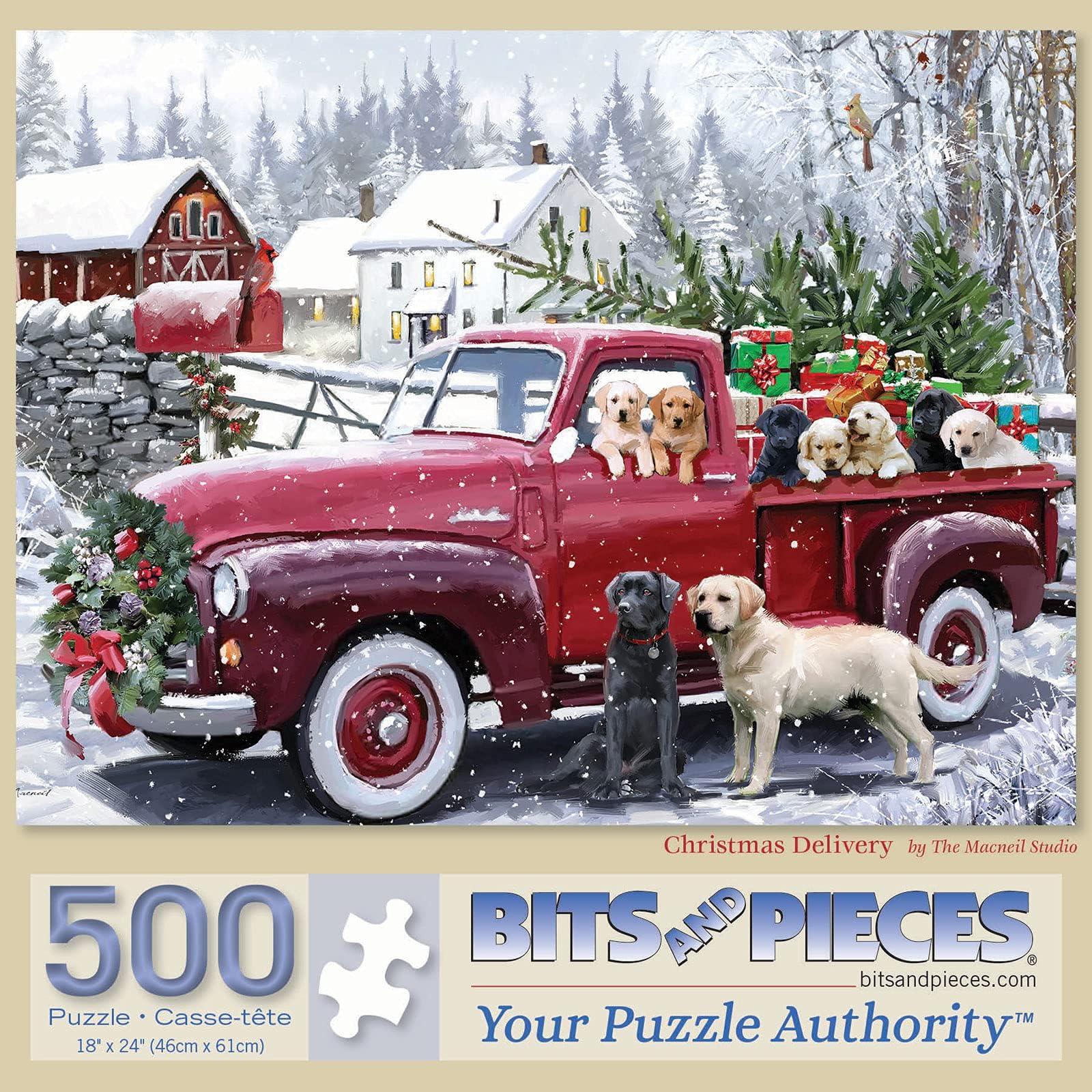 Bits and Pieces 500 Piece Puzzles for Adults - Large 15" x 19" Jigsaw Puzzles 500 Pieces Red Truck Presents Dogs, Random Die Cut, No 2 Pieces Alike, Christmas Delivery