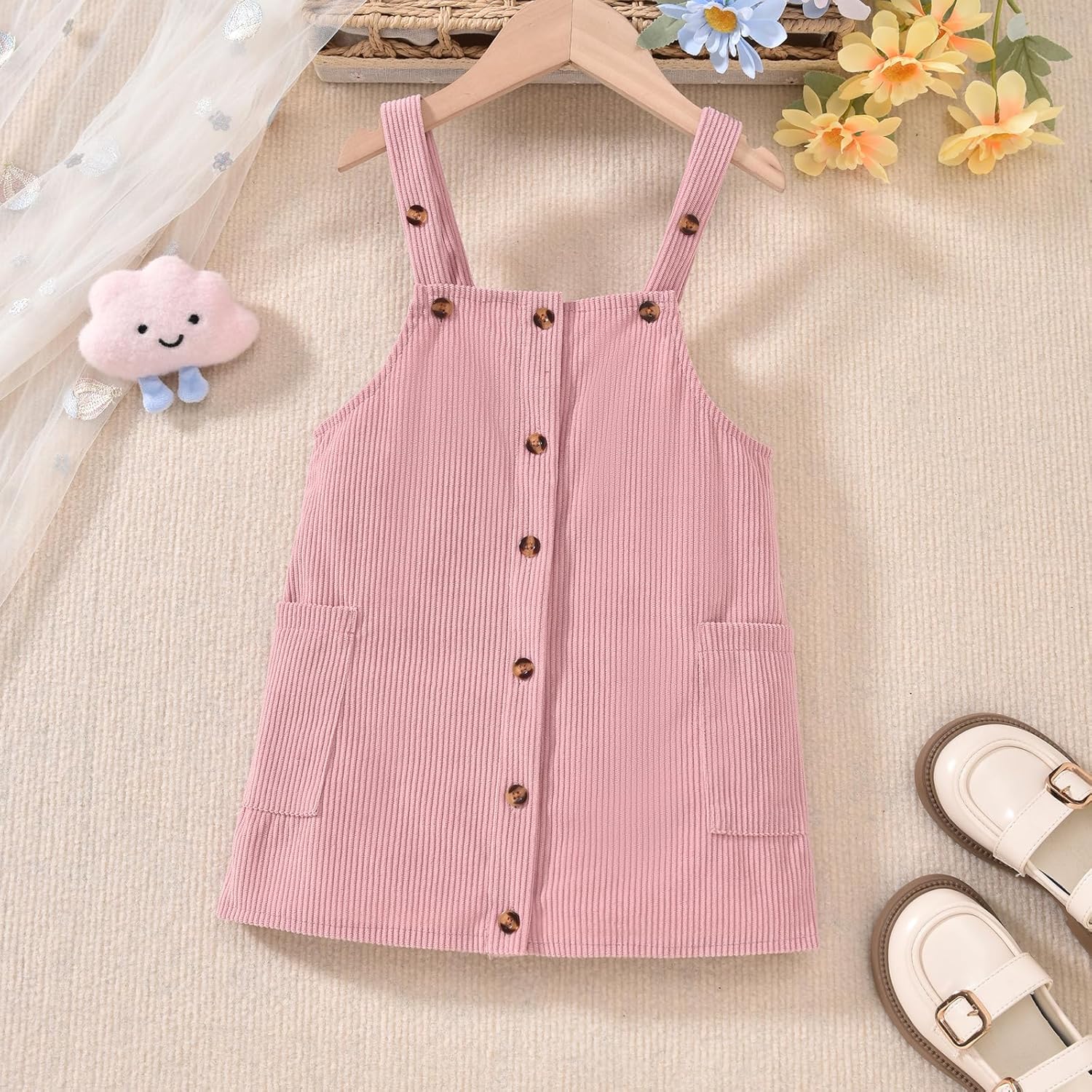 HINTINA 2-7 Years Toddler Girl Butterfly Sleeve Tee Corduroy Button Down Overall Dress Set - Image 5