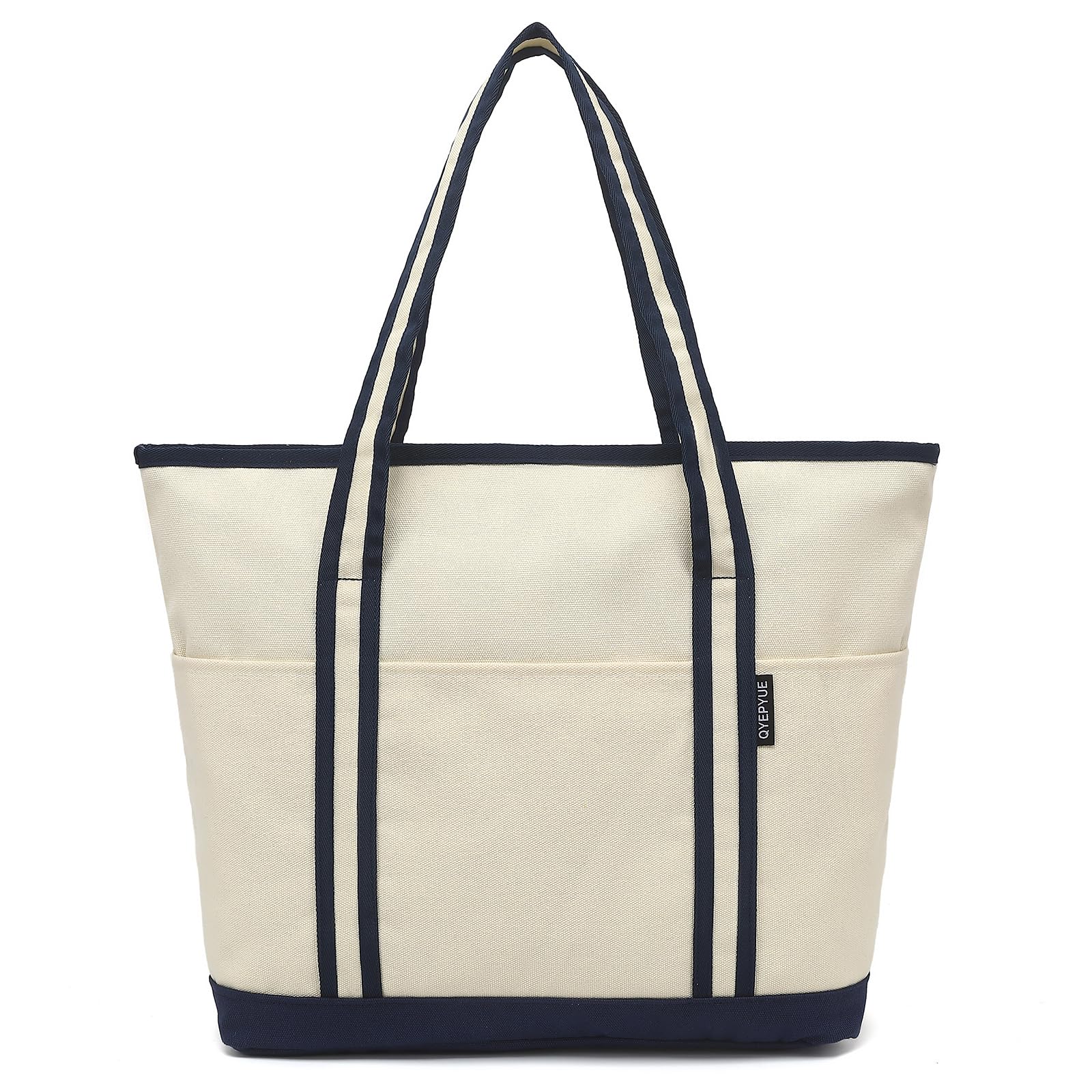 QYEPYUE Large Canvas Tote Bag for Women, Beach Bag with Zipper, Utility Tote Bag with 3 Front Pockets, Weekender Pool Bag