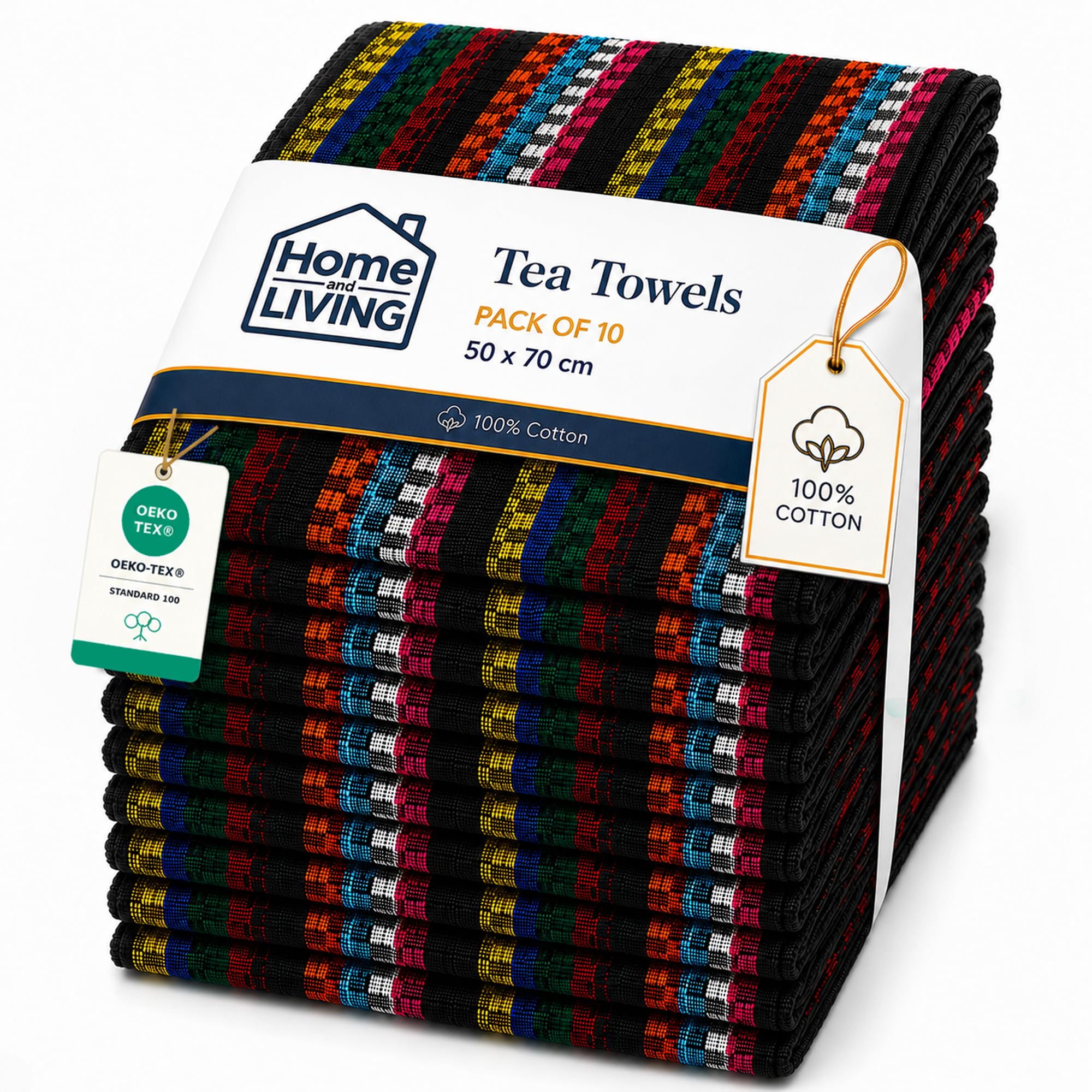 Home and Living Tea Towels for Kitchen,100% Cotton, Pack of 10, Highly Absorbent Dish Drying Cloths, Durable Woven Kitchen Cloths, Soft & Machine Washable, 50 x 70 cm