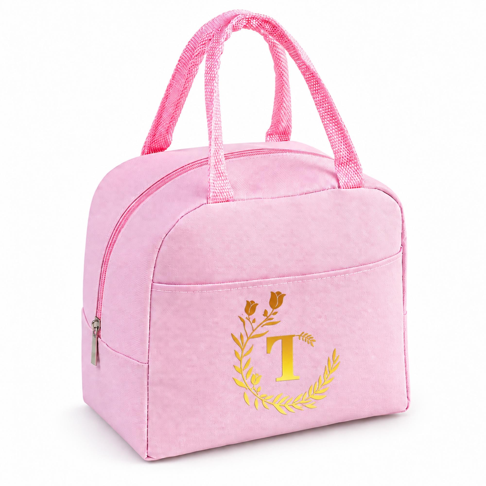 Personalized Pink Initial Letters Insulated Lunch Bag for Women Men Kids -T