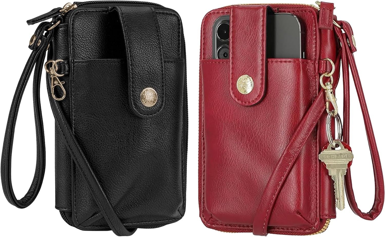 Mundi Jacqui RFID Blocking Crossbody Wallet Bag for Women, Compact Travel-Size Cell Phone Holder Purse - Vegan Leather, Black & Red