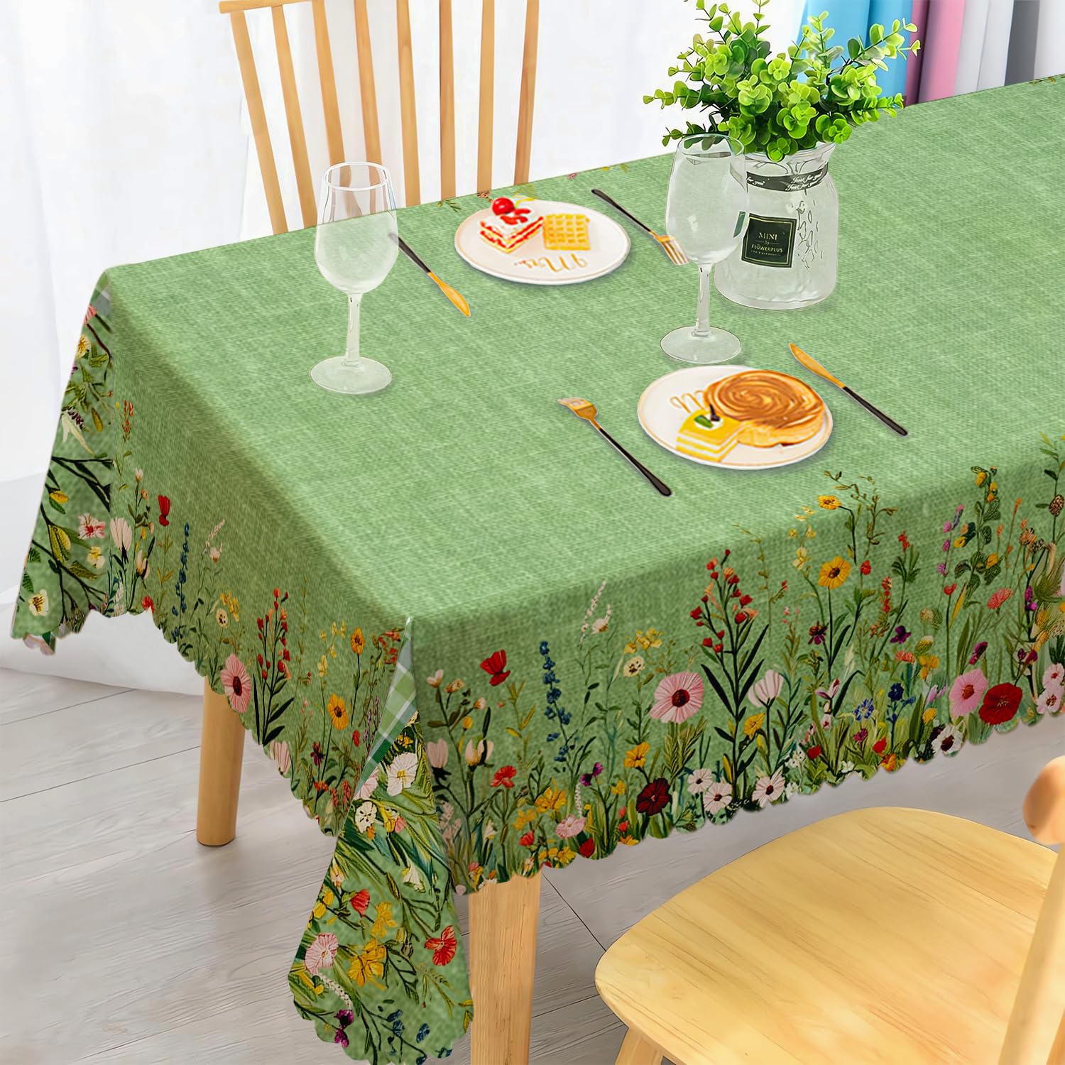iEvery Green Floral Tablecloth Wipe Clean 140x240cm, Wipeable Rectangular Table Cloth Waterproof Stain-Resistant Polyester Table Cover for 6-8 Seater Dining Kitchen Patio Garden Party Outdoor Decor
