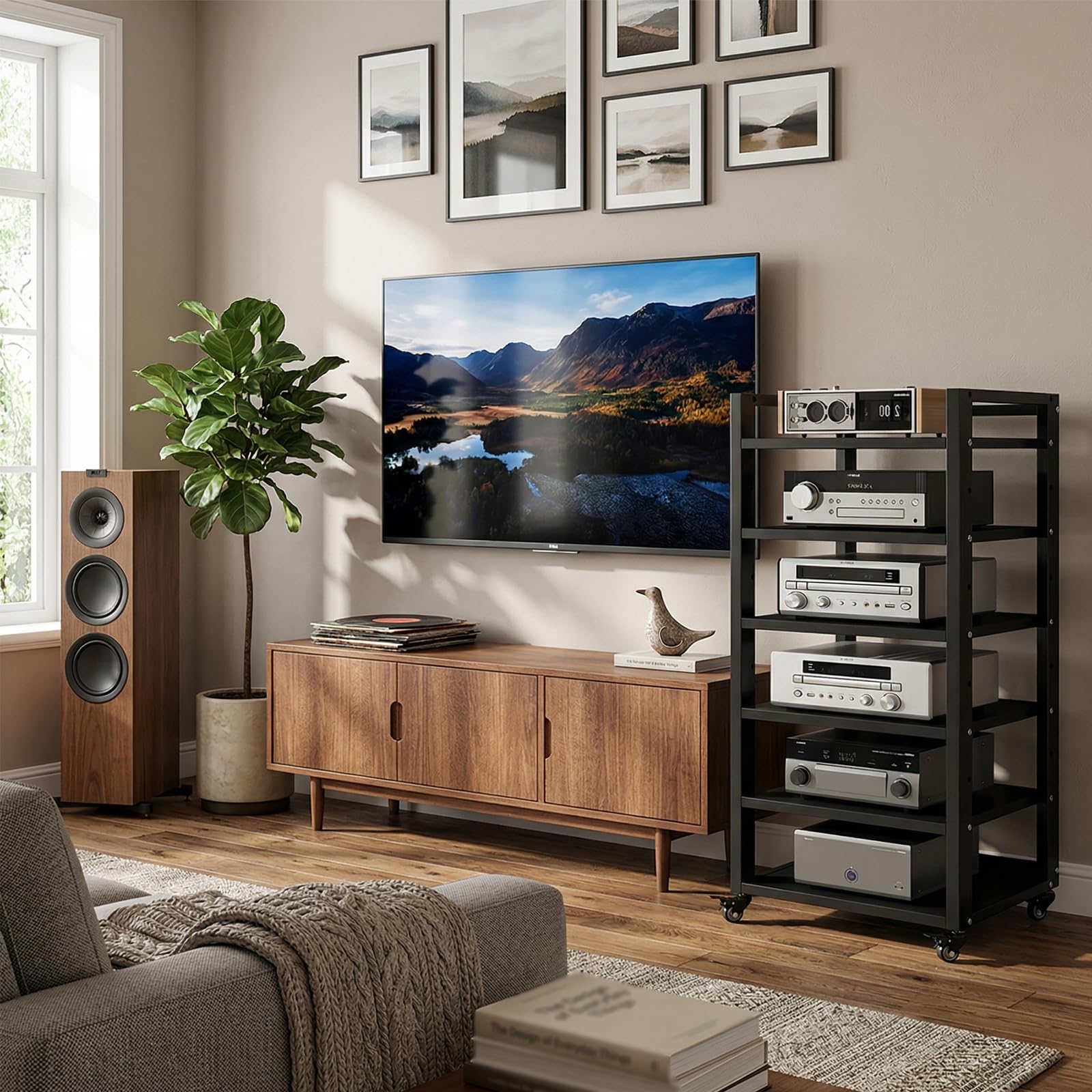 Mobile HiFi a 4 Ripiani per Giradischi e Componenti Audio - Supporto Multimediale Verticale con Struttura Robusta, Rack Stereo perfetto per Vinili, Console Gaming e Decoder, Design (A-6H, 50*40*120cm)