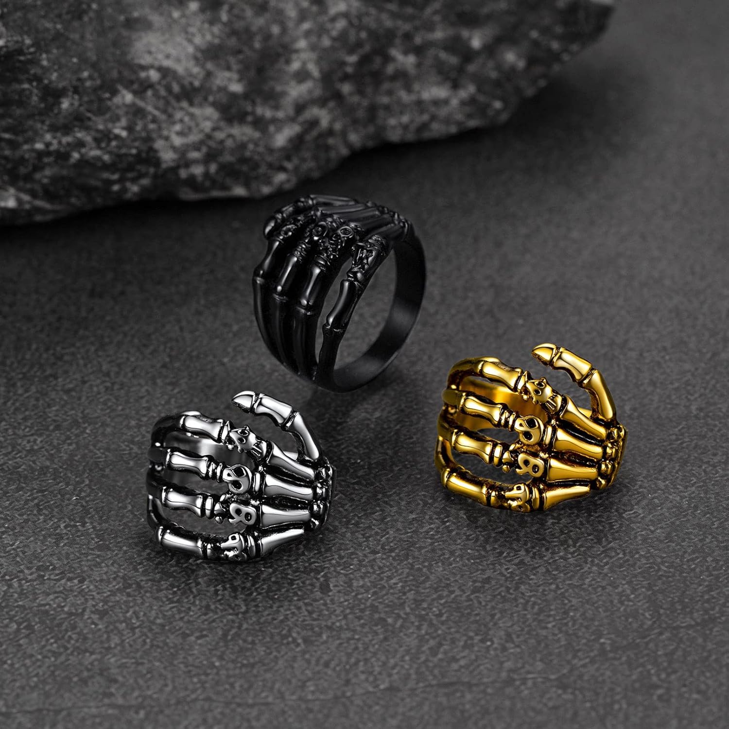 FaithHeart Skull Rings for Men Gothic Punk Stainless Steel Band Rings Biker Skeleton Thumb Ring Cocktail Party Jewelry with Gift Box