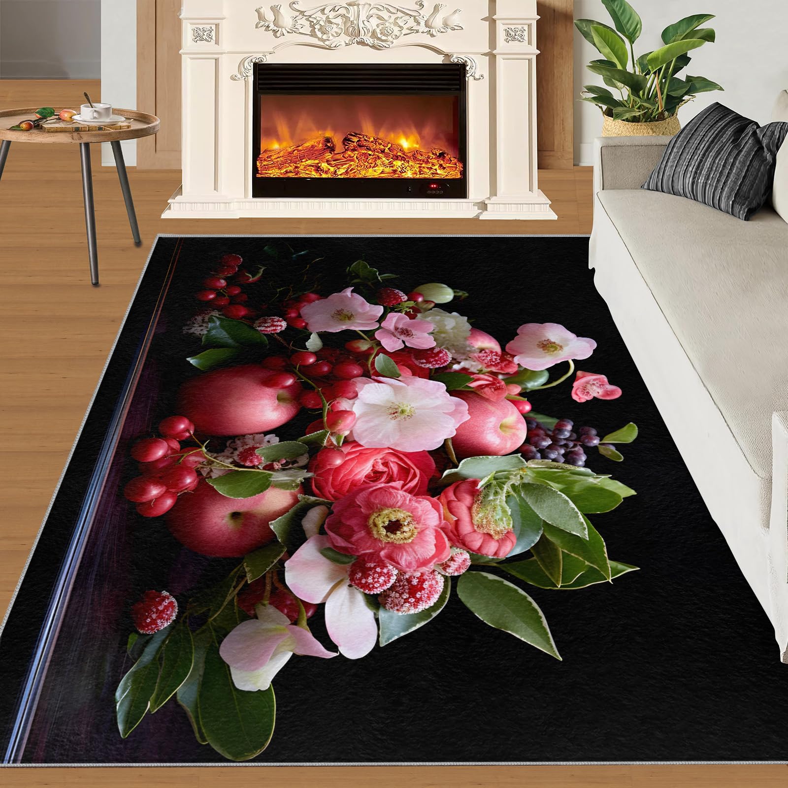 SANSJI Floral Rose Rugs for Girls Bedroom 180x200 cm, Non-Slip Washable Romantic Flowers Design Area Rug for Women, Soft Low-Pile Nature Garden Carpet, Pastel Style