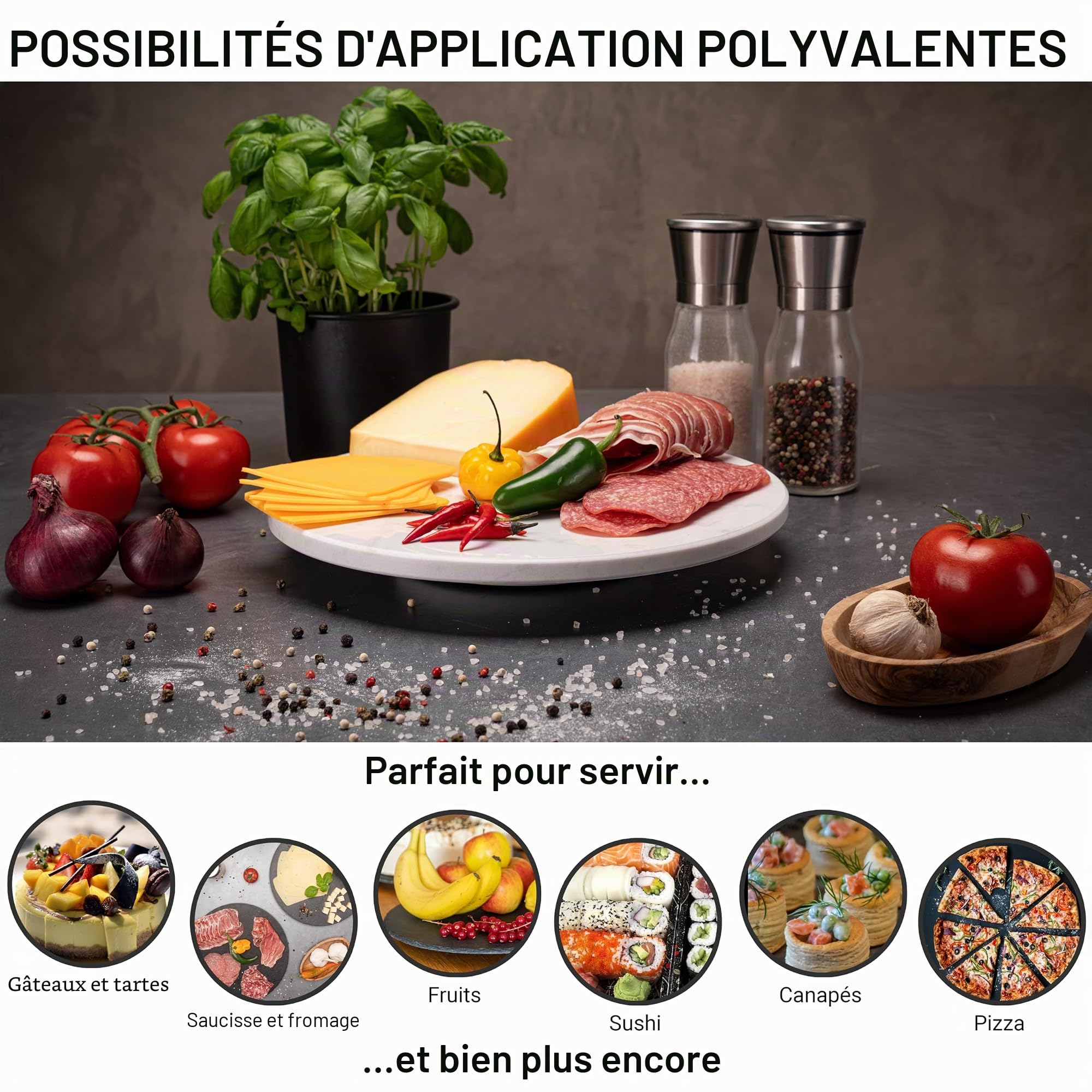 Plateau Rotatif en Marbre Rond - à Gâteau, Saucisse, Fromage - de Service Avec Pied - Blanc - Tournant - Présentoir