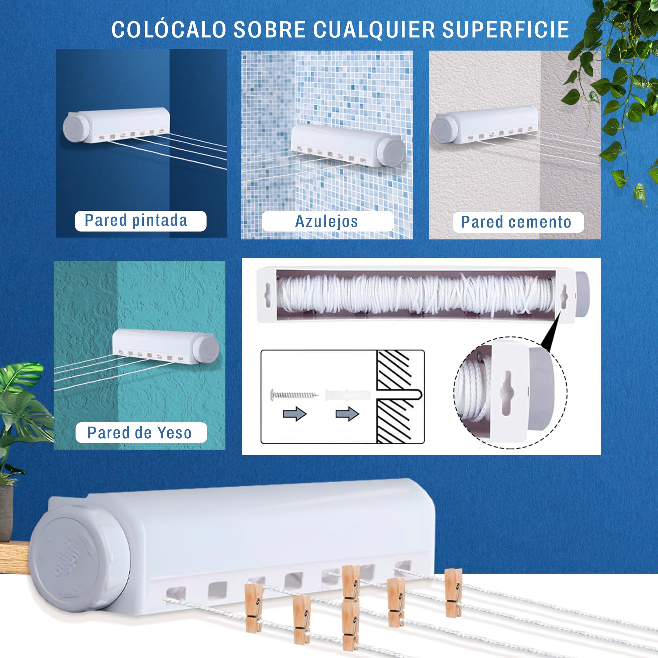 Stendibiancheria estensibile da parete con 4 corde da 3,2 m ciascuna, 24 pinzette e 20 m di corda extra rinforzata in filo di acciaio 3 mm, stendibiancheria retrattile, corda stendibiancheria