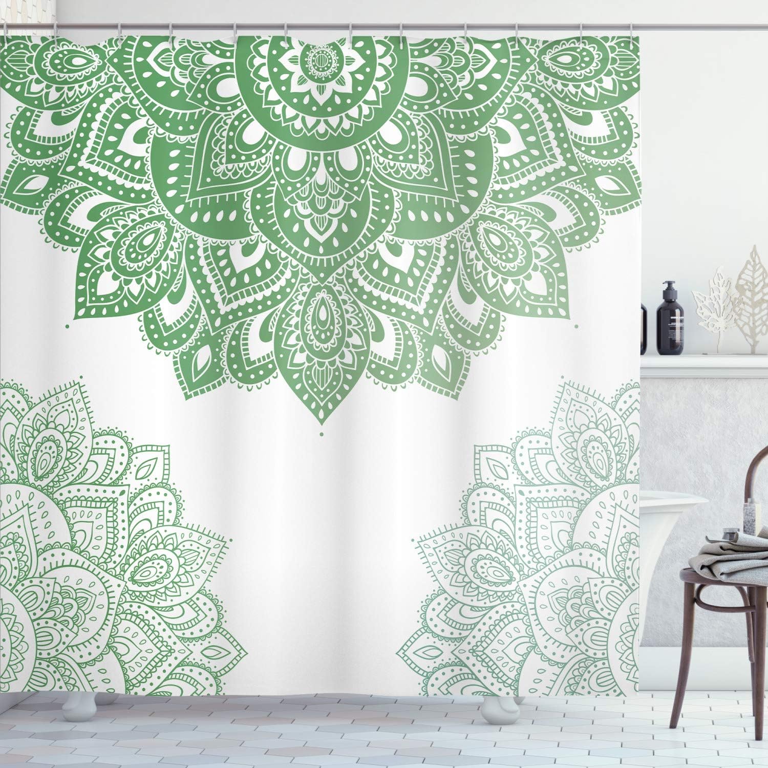 Ambesonne Flora Shower Curtain, South Mandala Design Vibrant Color Ornamental Illustration, Cloth Fabric Bathroom Decor Set with Hooks, 69" W x 84" L, Green Fern