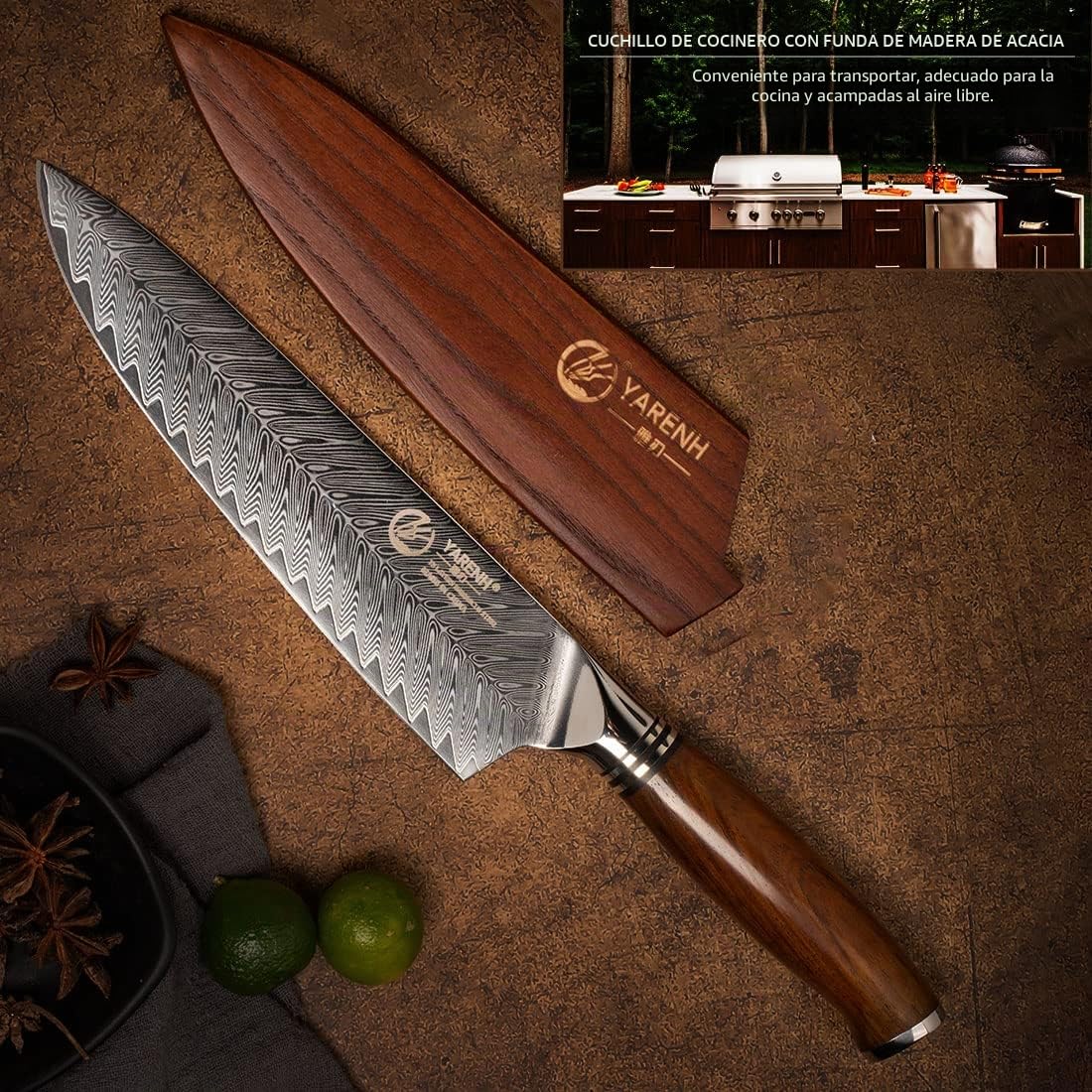 YARENH 20.5 cm Cuchillo Cocinero de Acero de Damasco, Profesional Cuchillo de Chef, Cuchillo de Cocina Afilado de Acero de con Alto Carbono, con Mango de Sándalo, con Funda Magnética