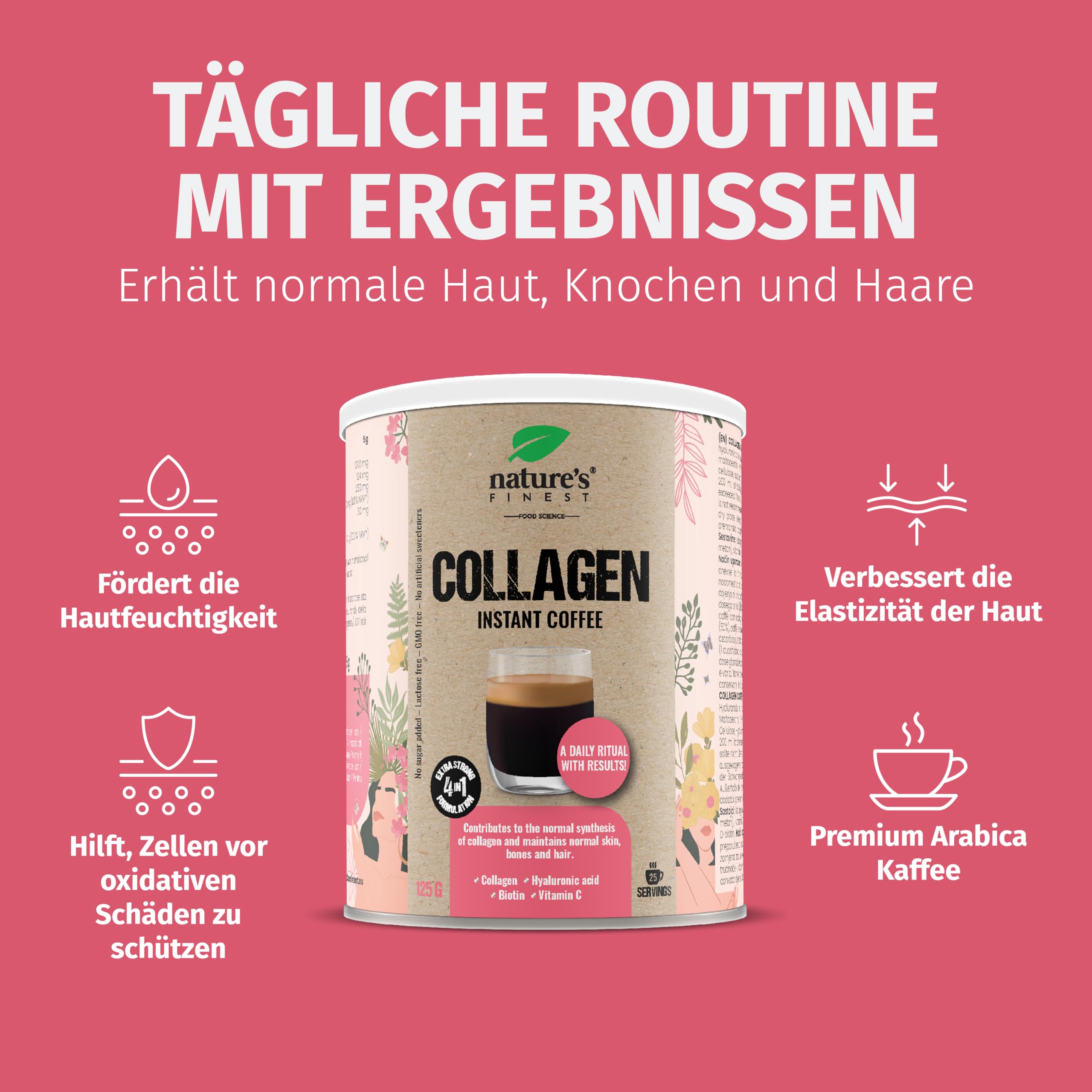 Nature's Finest Collagen Coffee, Instant-Kaffee 375 g (3er Pack) | Instant-Kaffee mit 50 % Kollagenpulver, Hyaluronsäure, MSM, Biotin & Vitamin C - Beauty-Kaffee zum Anrühren