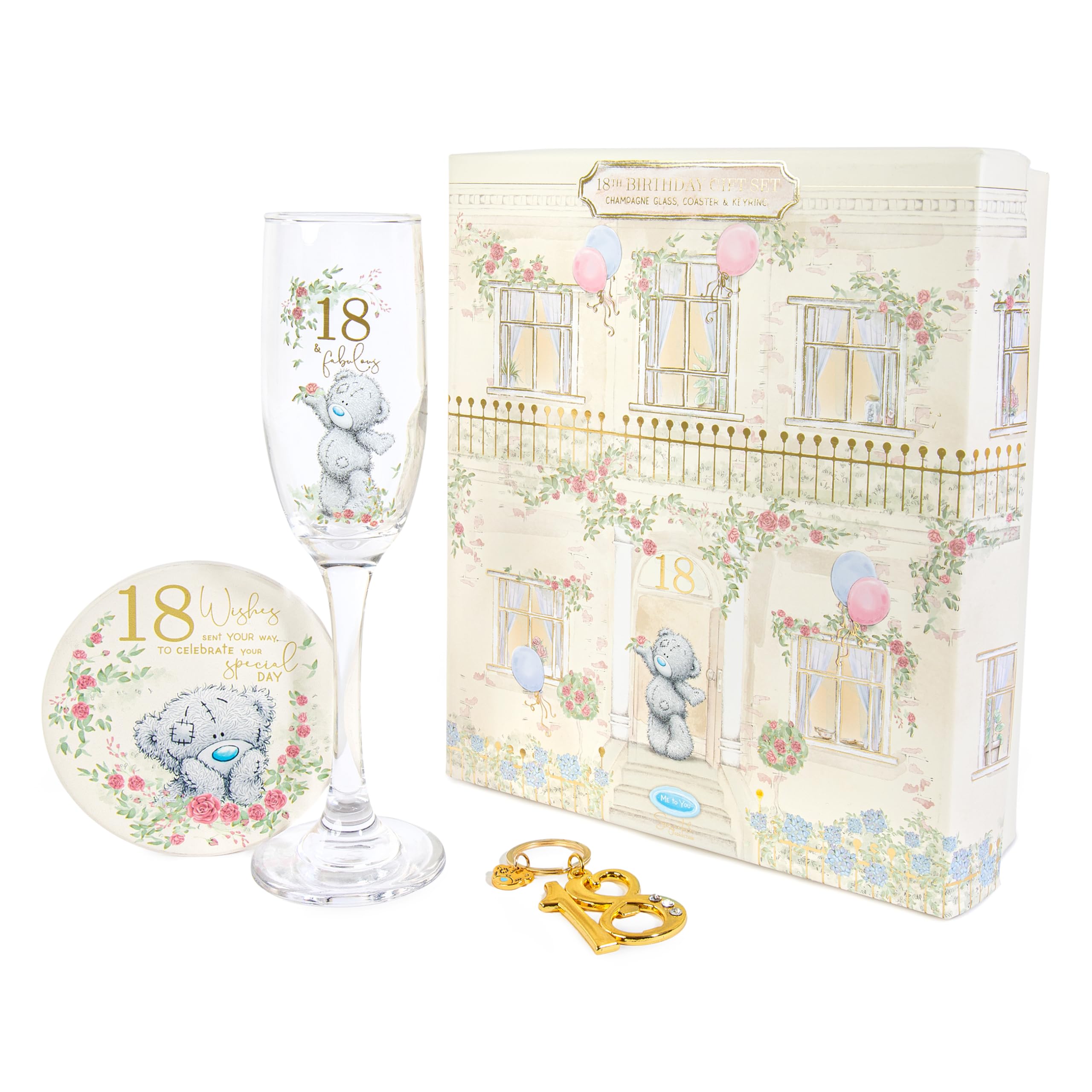 Me to You Tatty Teddy 18th Birthday Gift Set Includes Champagne Glass, Coaster & Keyring Bottle Opener in Luxury Gift Box - Signature Collection, Gold