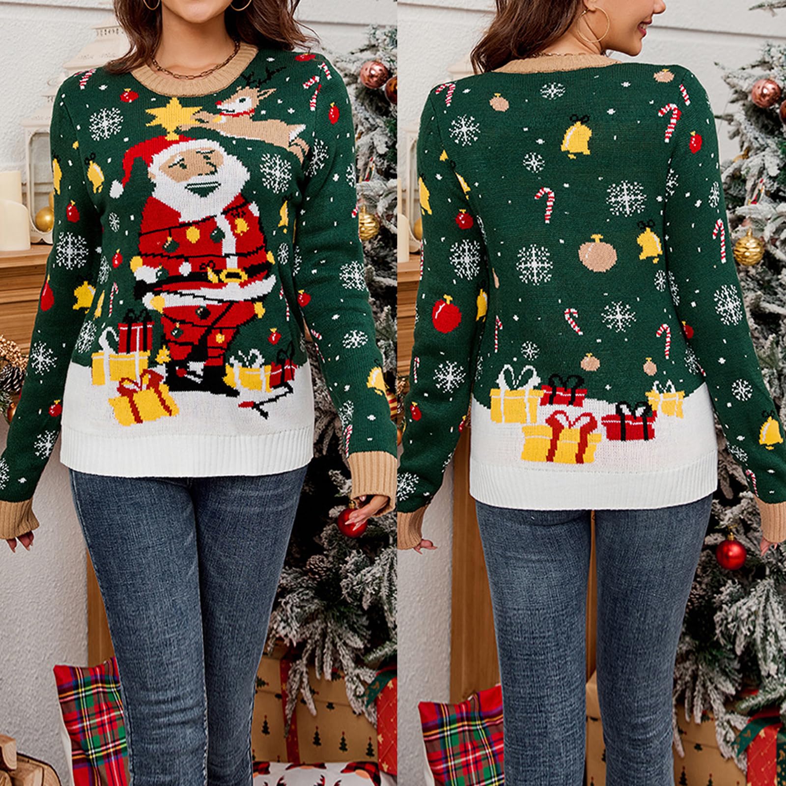 Novità Cartoon Santa LED Light Up Brutto Maglione di Natale per riunioni di famiglia Donne Manica Lunga Girocollo Maglione Top Babbo Natale Maglia Top