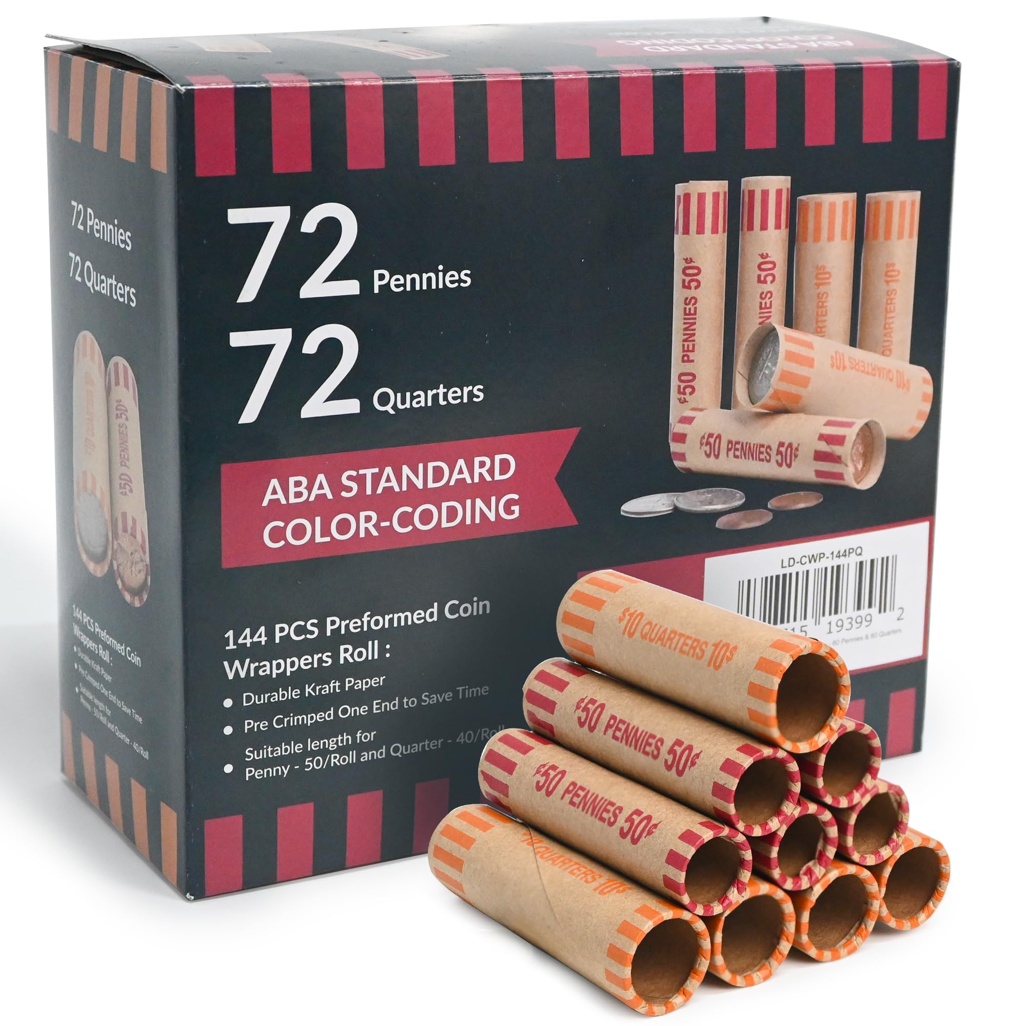 L LIKED Vorgeformte Münzpapier-Rollen, 144 sortiert (je 72 Pennies und Viertel)