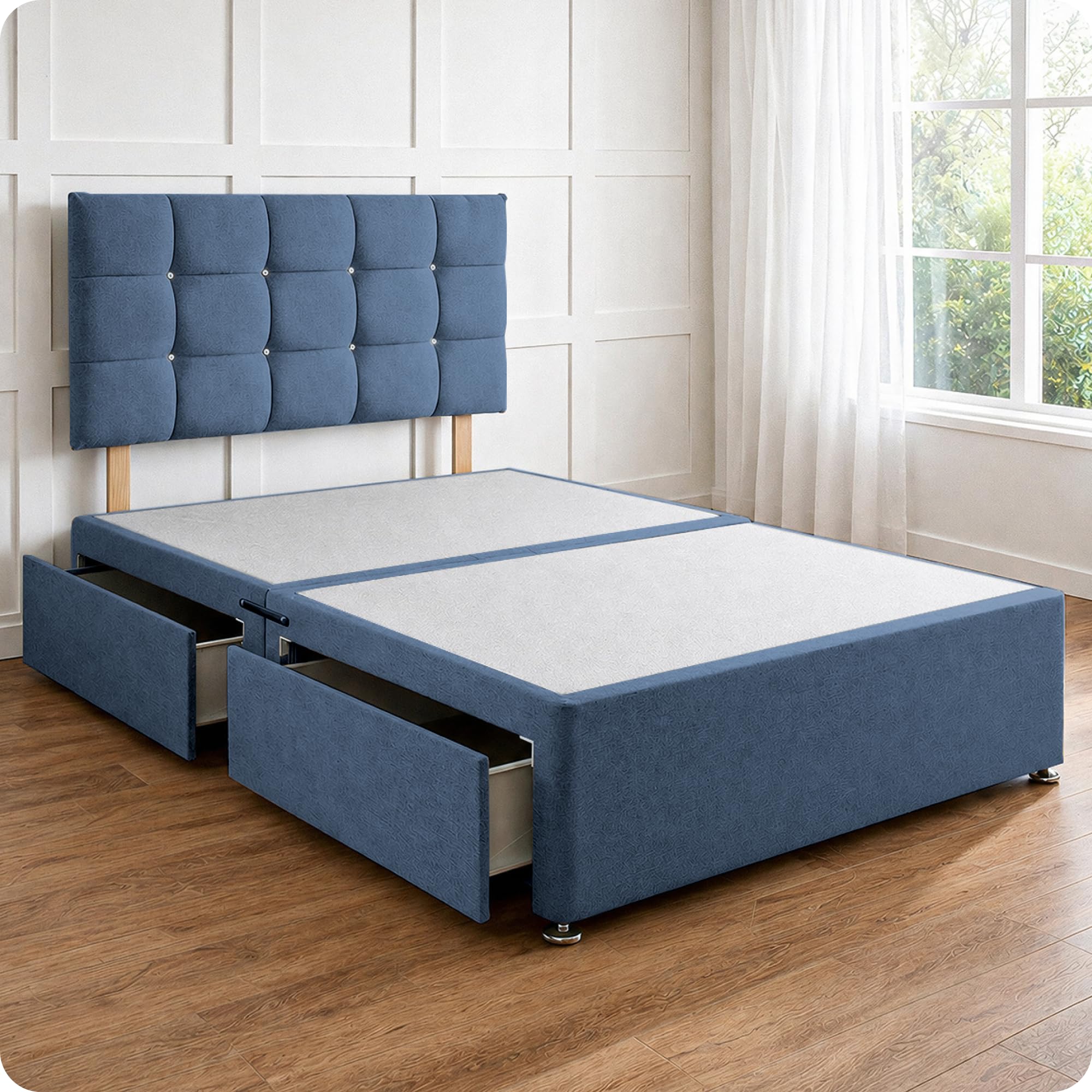 Comfy Deluxe LTD Divan Bed Base - 2FT6 Small Single, Denim | Linen Bed Frame with 20 Inch Cubic Headboard | No Mattress Included | No Storage | Chrome Glider Feet | UK Made