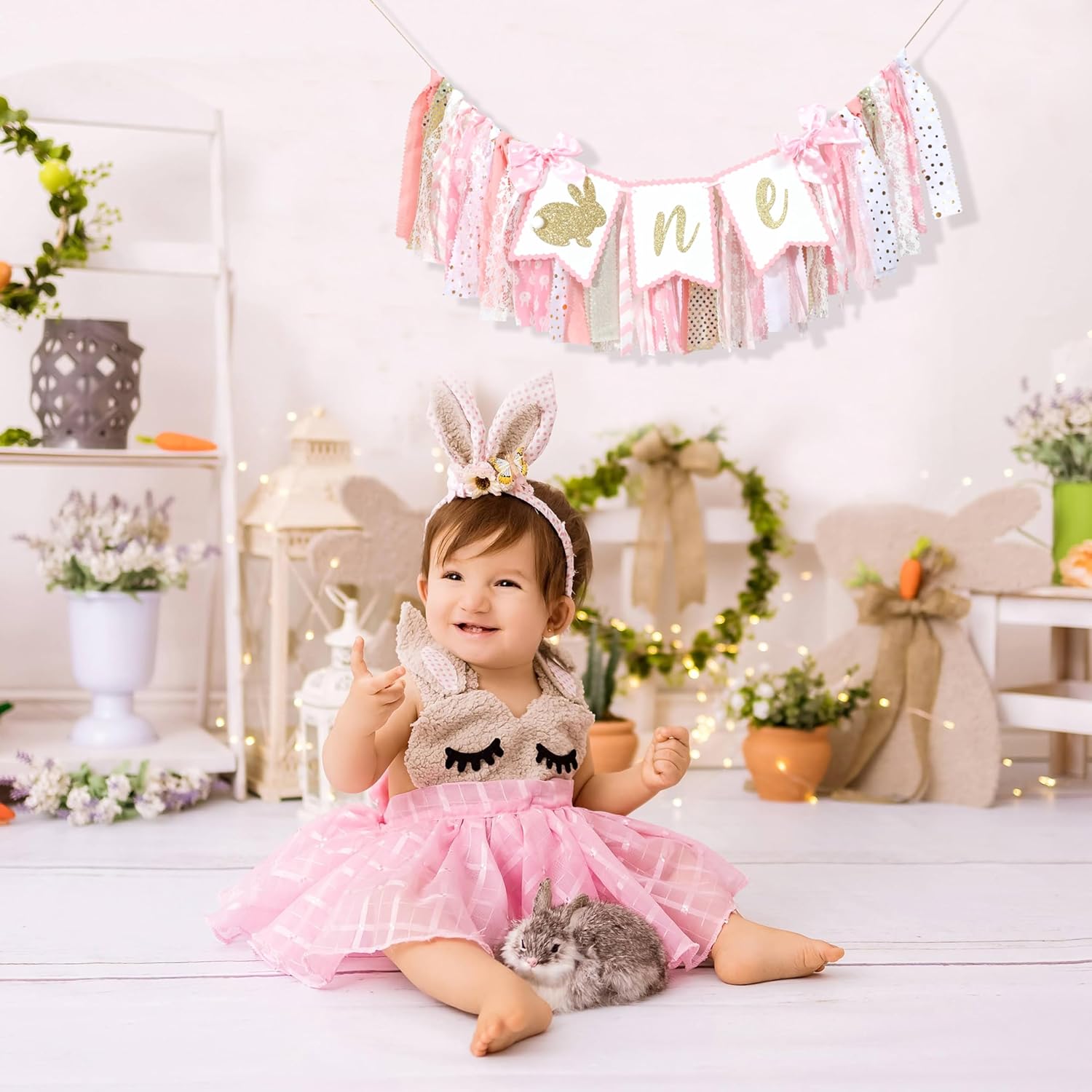 WAUAO Bunny 1st Birthday Party Decorations, Pink Bunny High Chair Banner