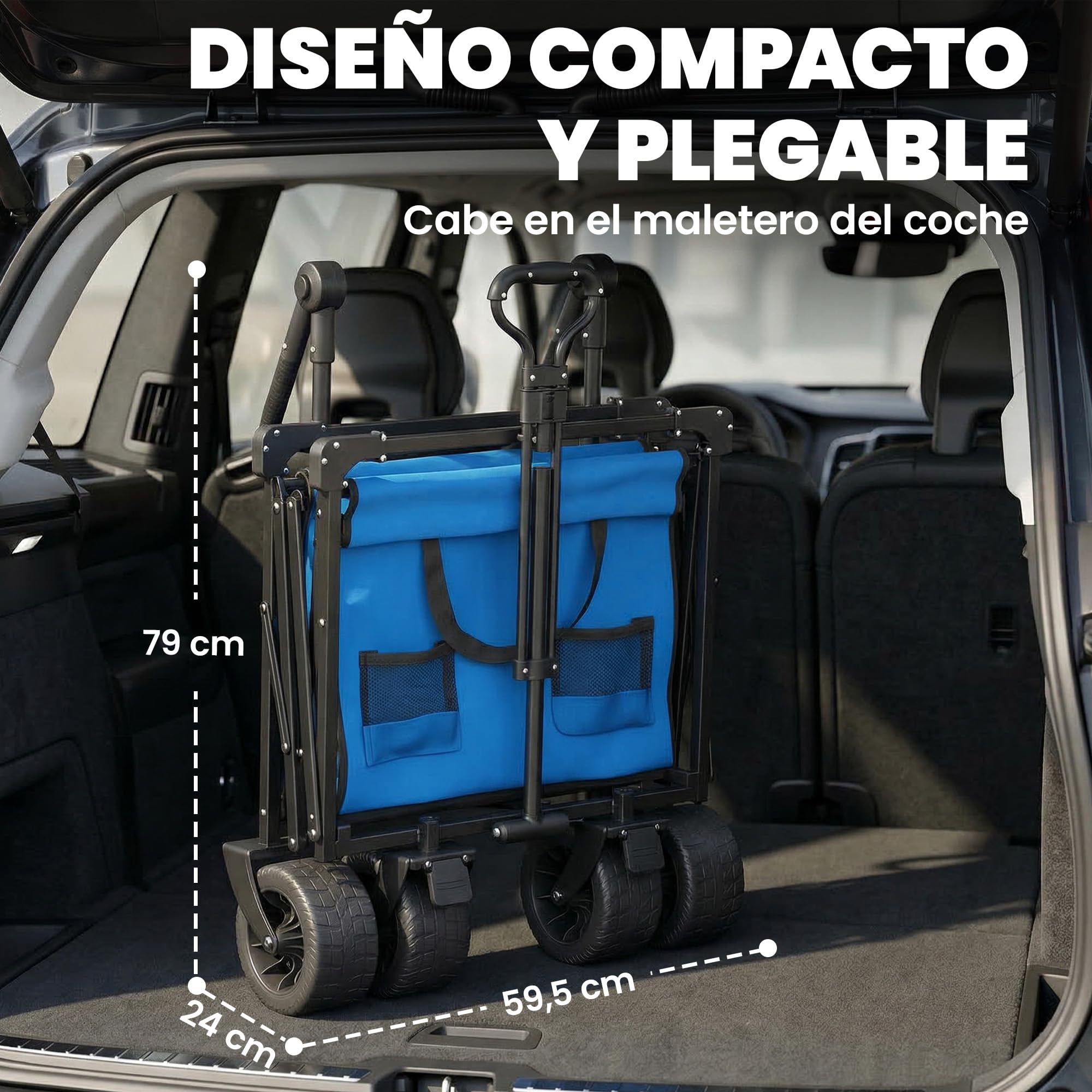 Outsunny Carro Playa con Ruedas Grandes con Freno, Techo Extraíble, Carro Plegable para Jardín con Barra Ajustable, Portavasos y Bolsillos, Carga 100 kg, para Todo Terreno, Campaña, Compras, Azul
