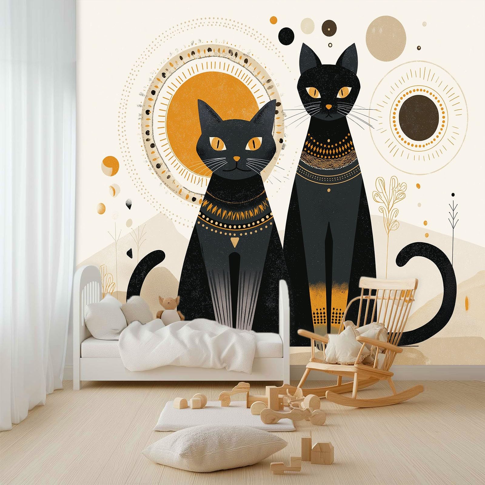 Panoramiczna tapeta z włókniny w stylu boho, tajemniczy geometryczny kot słońce, 200 x 140 cm, gigantyczny plakat ścienny z efektem 3D, dekoracja ścienna do salonu, sypialni, biała