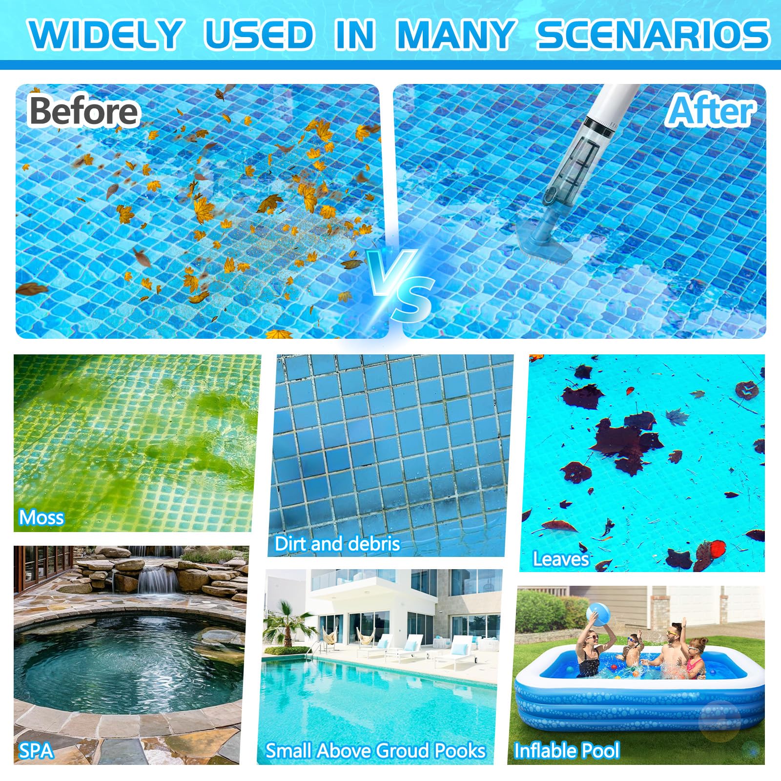 Aspirapolvere senza fili per piscina con batteria da 1600 mAh, con asta di prolunga, filtro e 3 teste, max. 165 cm, aspirapolvere per piscina, idromassaggio e piscina per bambini
