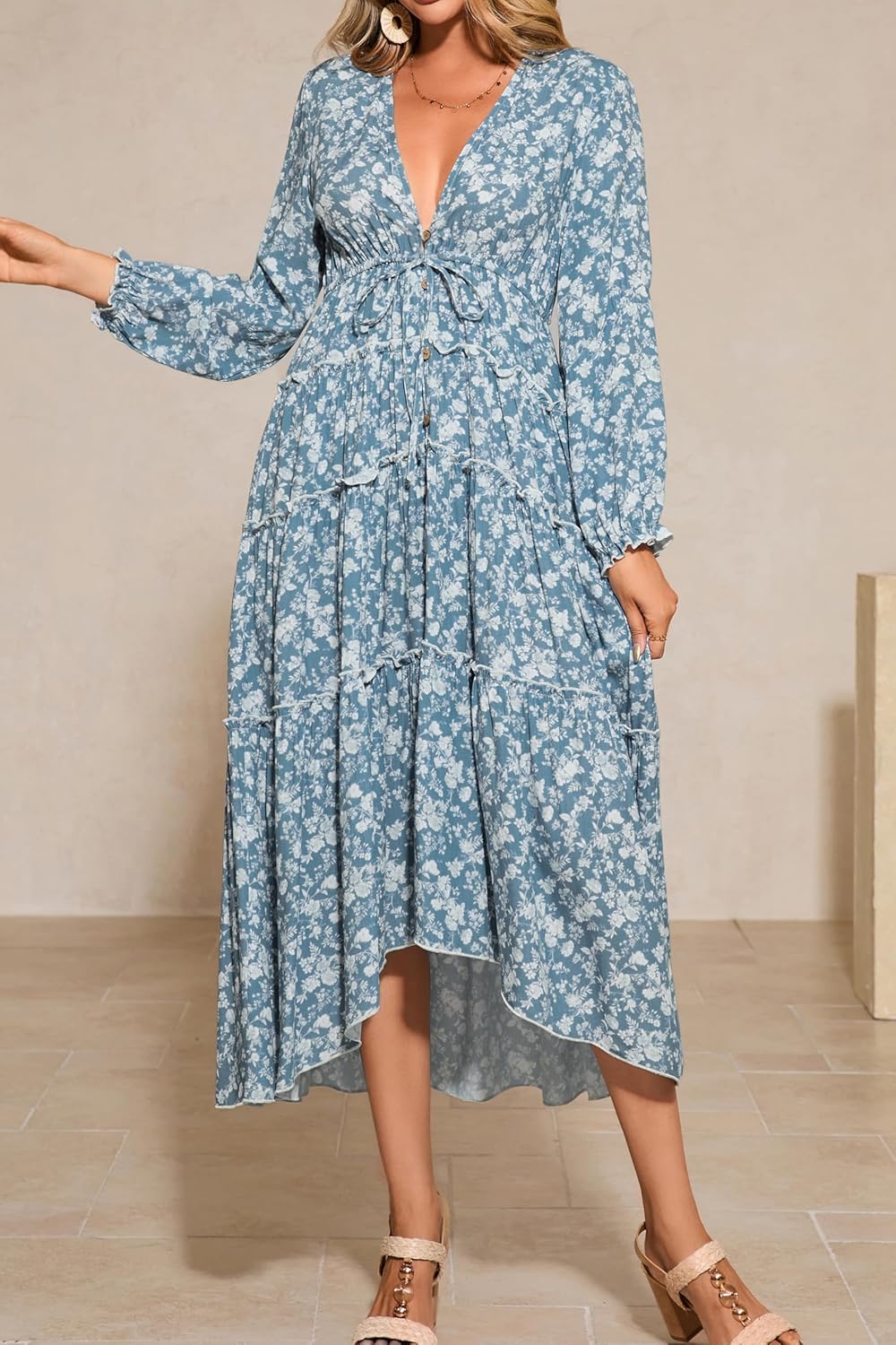 R.Vivimos Fall Floral Dress for Women 2026 Boho Long Sleeve V Neck Drawstring Tie Loose Tiered Flowy Midi Dress with Pockets - Image 4