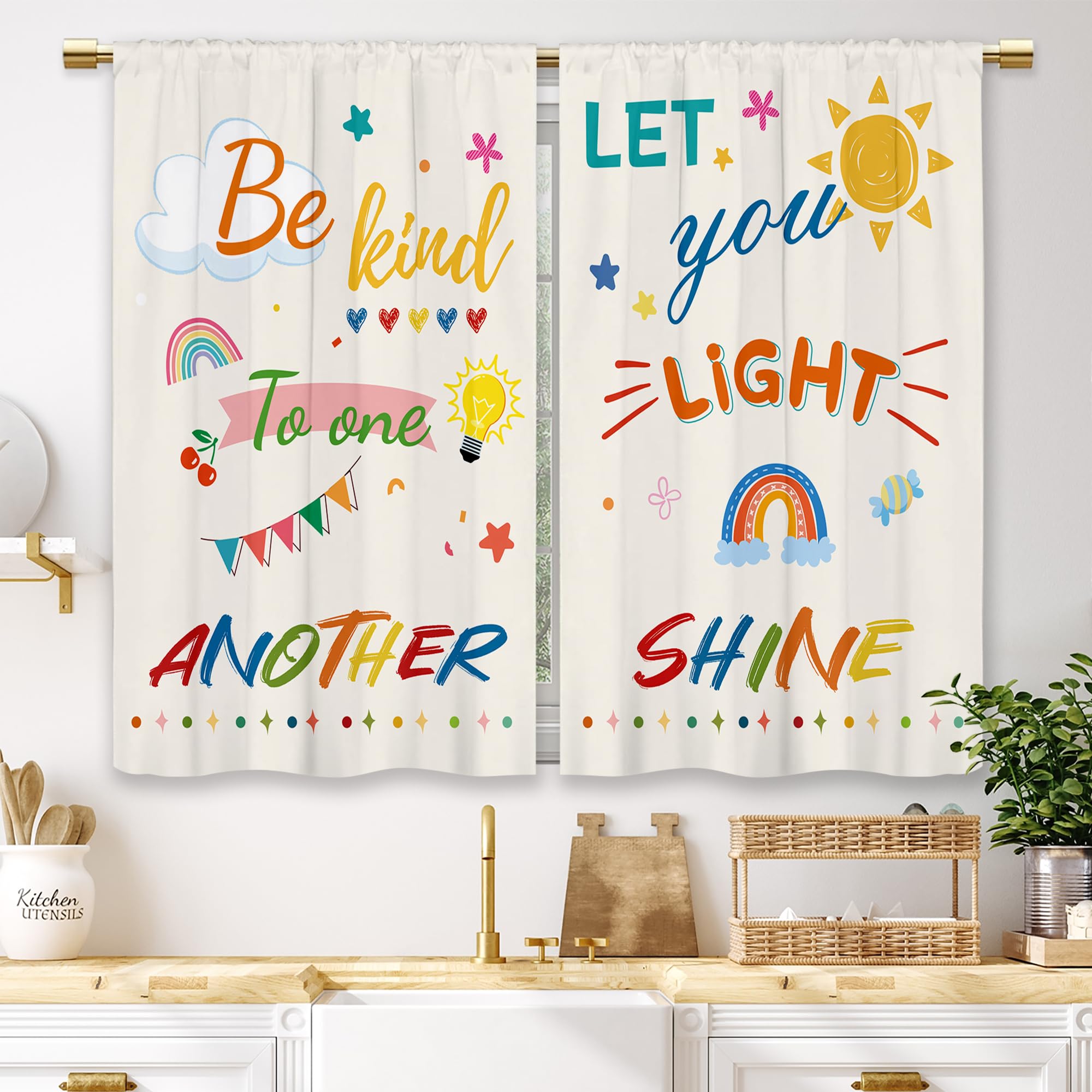 Laifzere Colorful Inspirational Kids Kitchen Curtains Quotes Small Short Cafe Window Curtains Cute Child Cartoon Motivational Rainbow Sun Bathroom Drapes Treatment Tier Curtains (27.5x39 Inch) — image 1