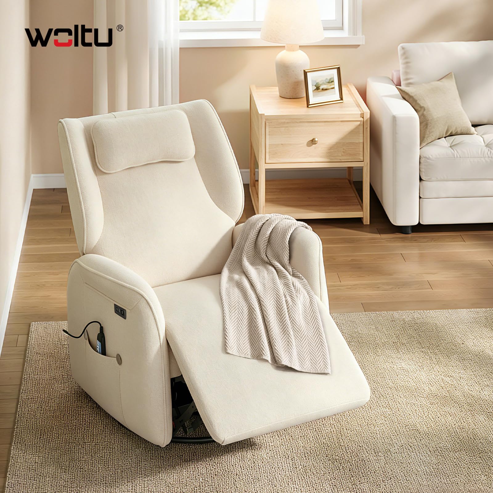 WOLTU Sillón Reclinable, de Masaje con Calefacción en Zona Lumbar, Beige | Sofá Relax Giratorio Tapizado en Chenilla, Reposacabezas, Bolsillos, Puerto USB, Capacidad de Carga 150 kg
