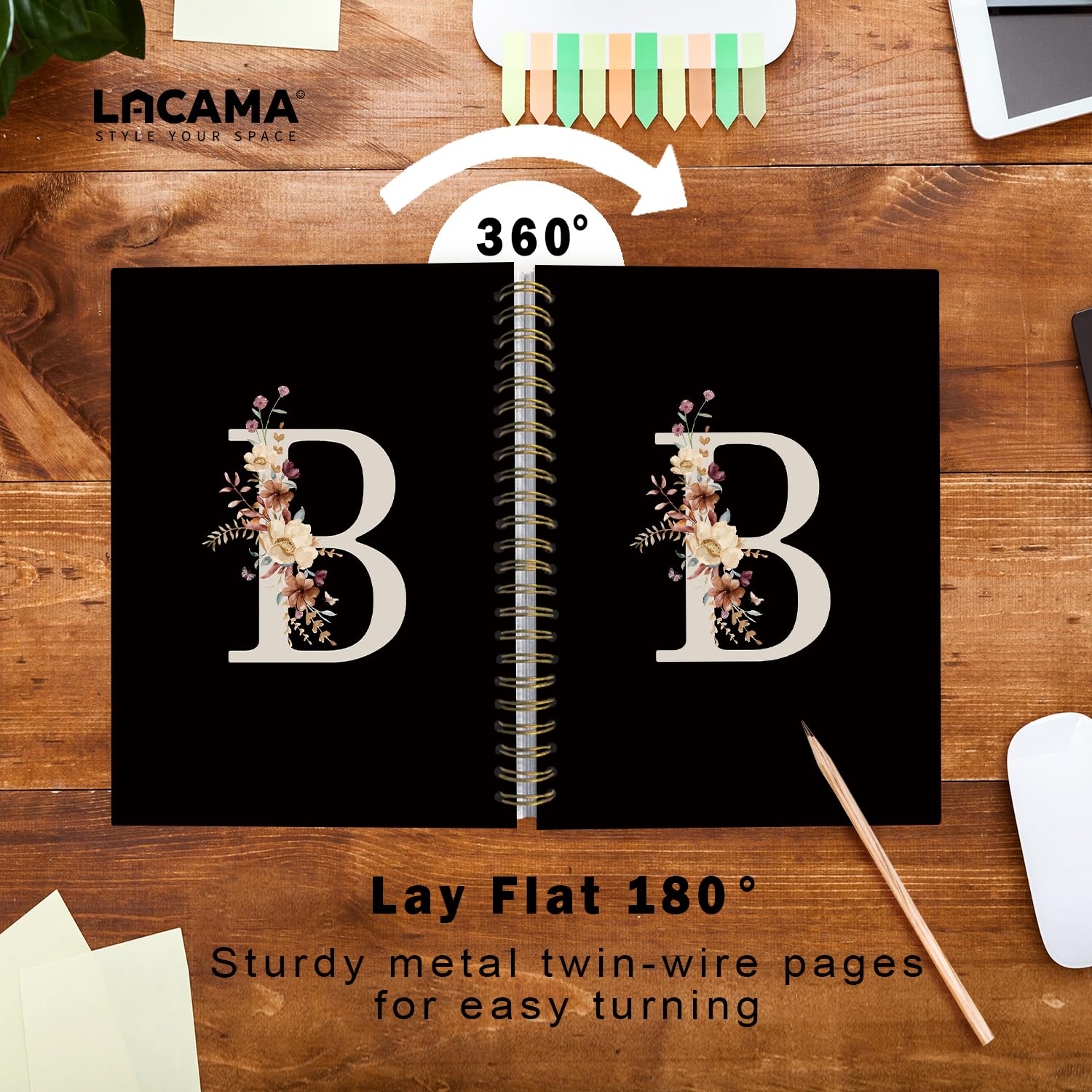 Lacama Simpatico diario scolastico con lettera B con iniziale, quaderno a spirale nero personalizzato con fiori di campo estetico, materiale scolastico, regali con monogramma personalizzato, regali di