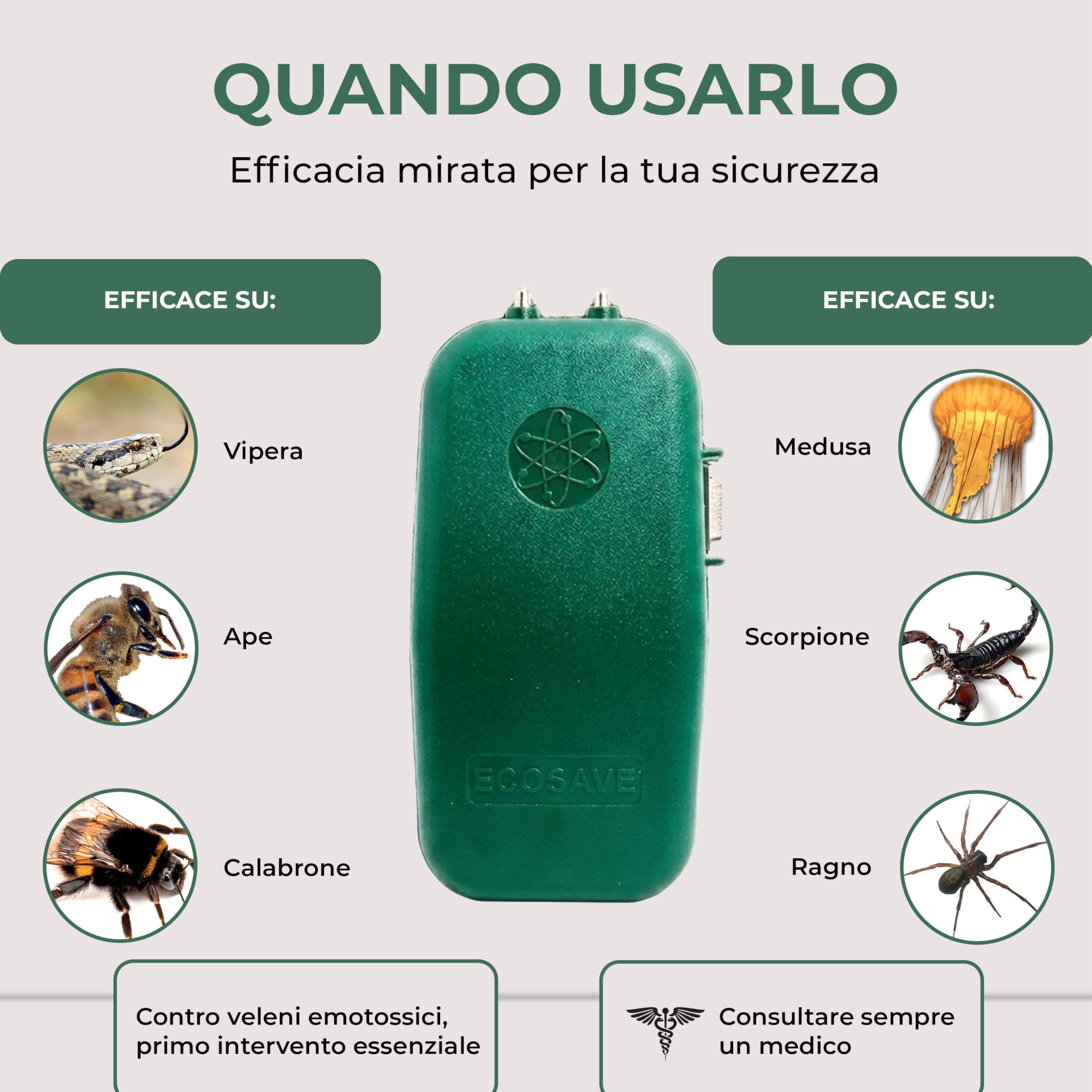TECNIMED - Ecosave - Elettrostimolatore dopopuntura - Dispositivo di primo intervento contro punture e morsi velenosi tramite il rilascio di microimpulsi elettrici - Made in Italy