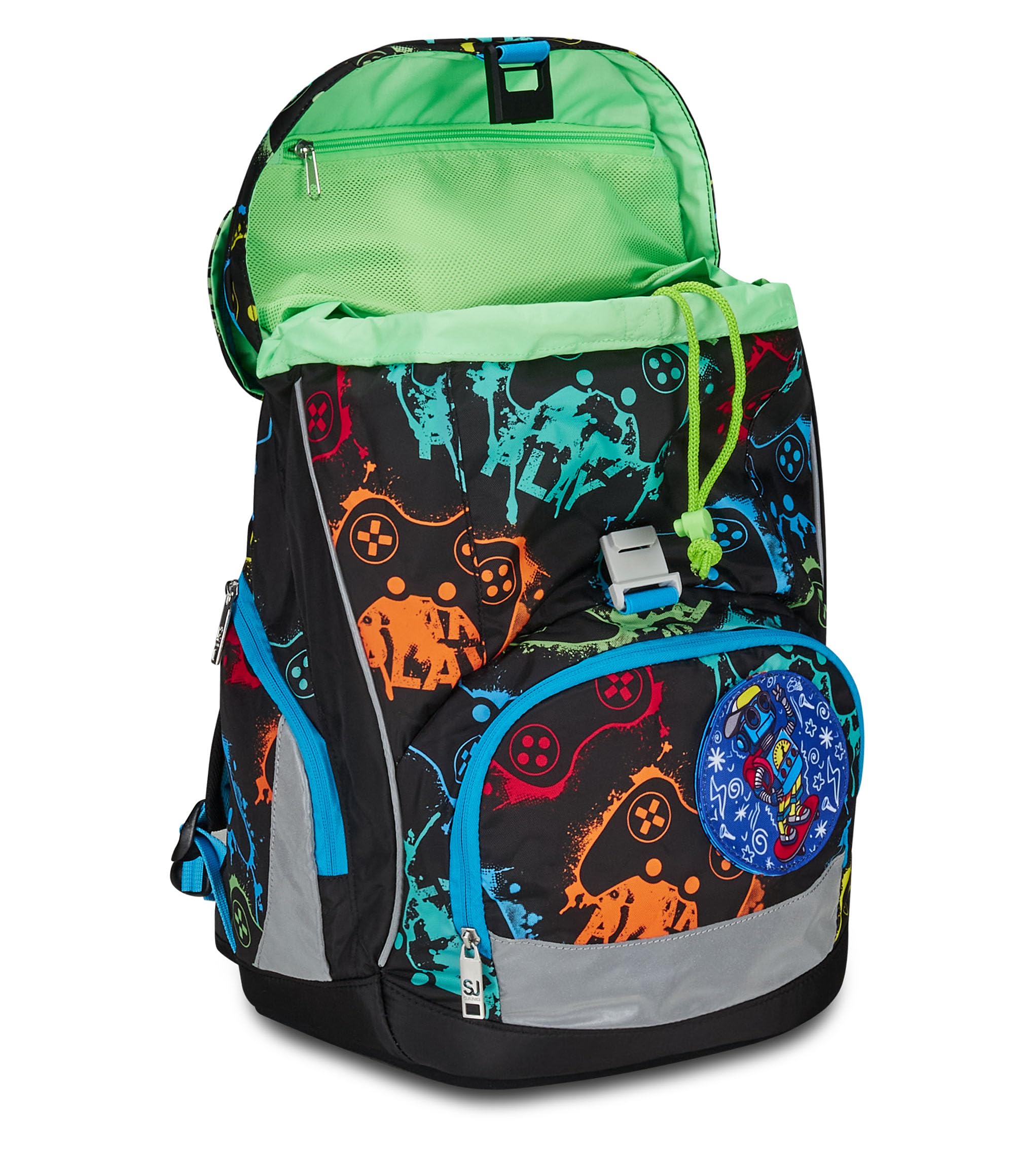 SJ GANG STYLE JAM GANG Zaino Scuola Updown Soft, Nero, Multicolor Game, Monoscomparto con Cinghia Vita Regolabile, Tasca Laterale Zip, Tasca in Rete Porta Borraccia, Elementari, Medie, Bambino Ragazzo